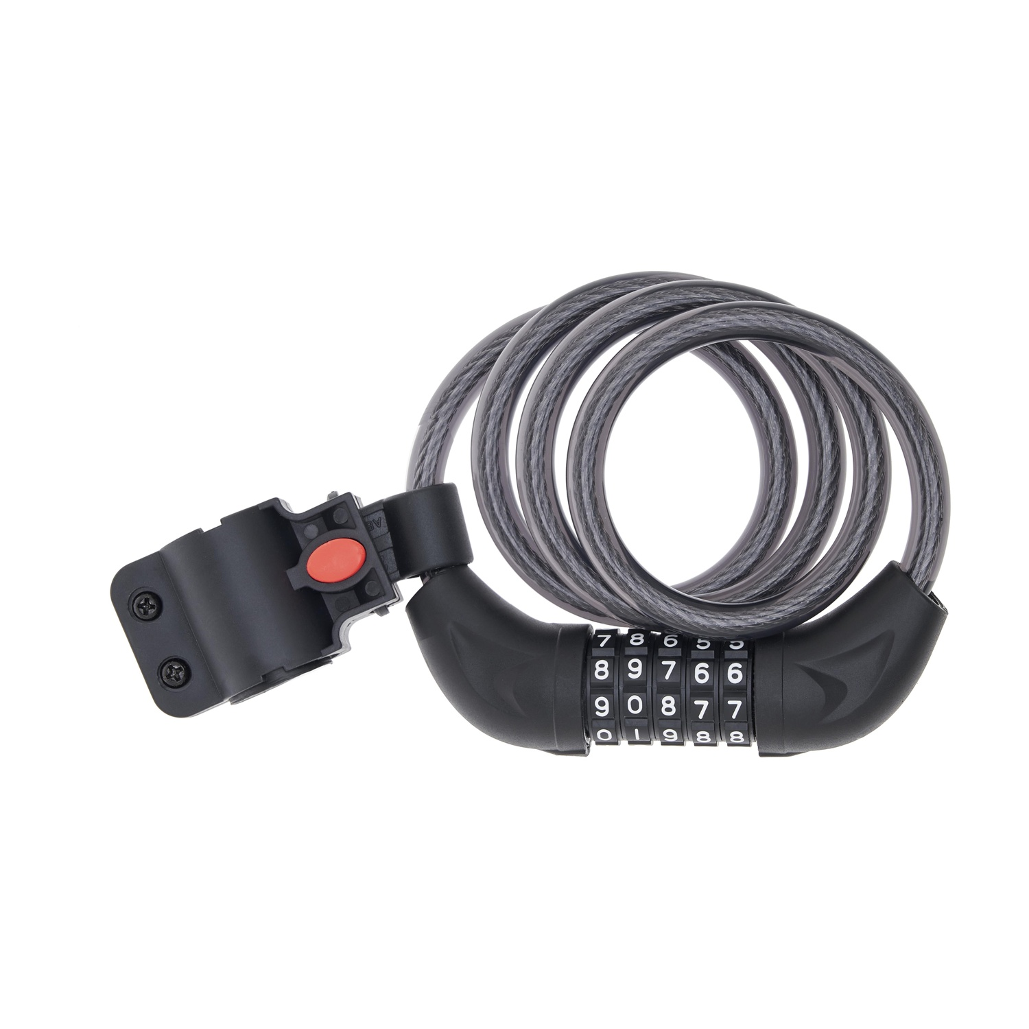 Lucchetto a cavo grigio con combinazione e supporto.