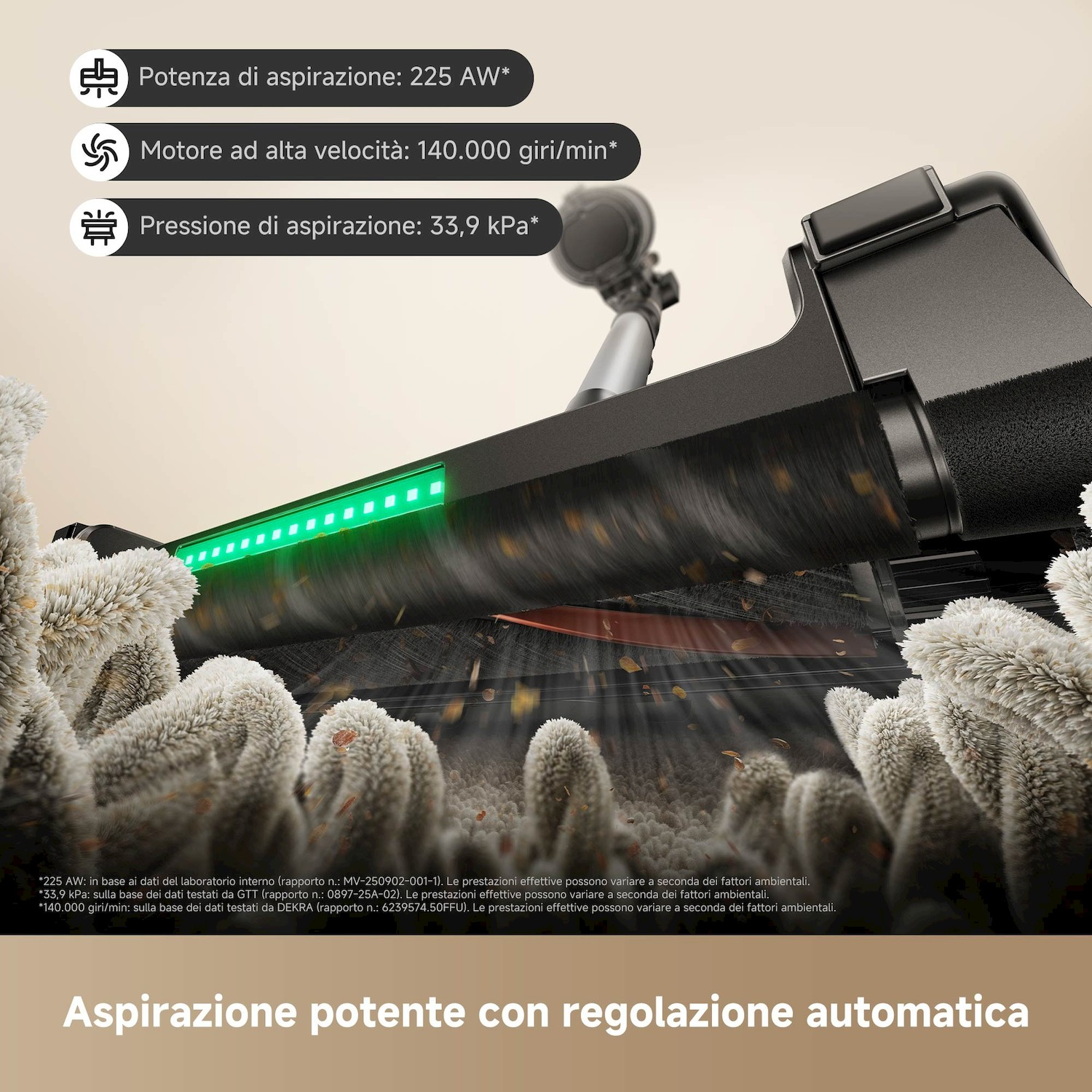 Spazzola aspirapolvere con luci LED verdi e specifiche.
