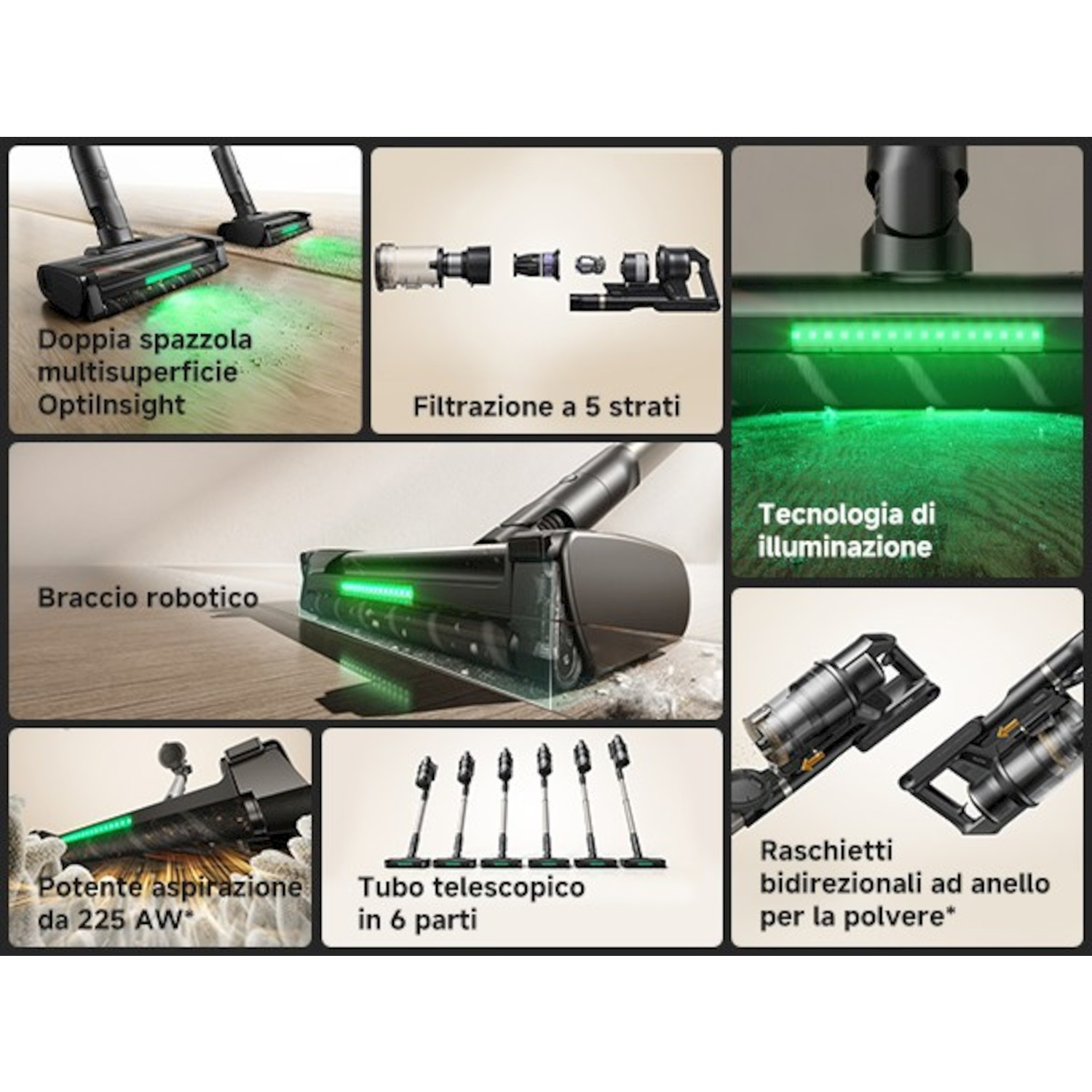 Aspirapolvere con funzioni: doppia spazzola, braccio robotico, aspirazione, filtro, luce LED, tubo telescopico.