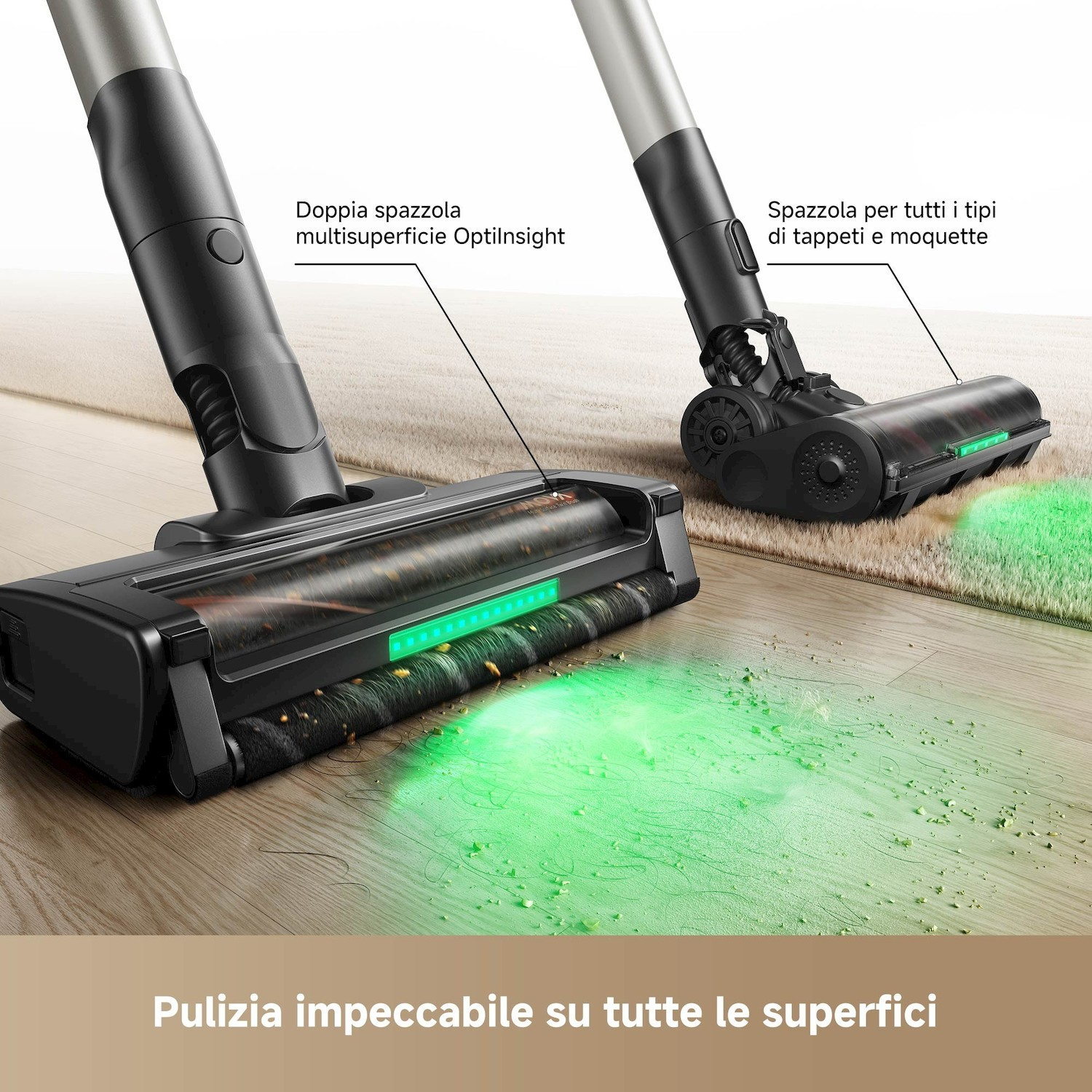 Spazzole aspirapolvere su legno e tappeto con luce verde e detriti.