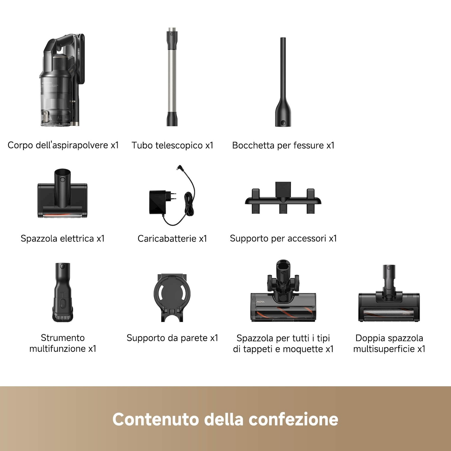 Corpo aspirapolvere, tubo, bocchetta, spazzola, caricabatterie, supporto.