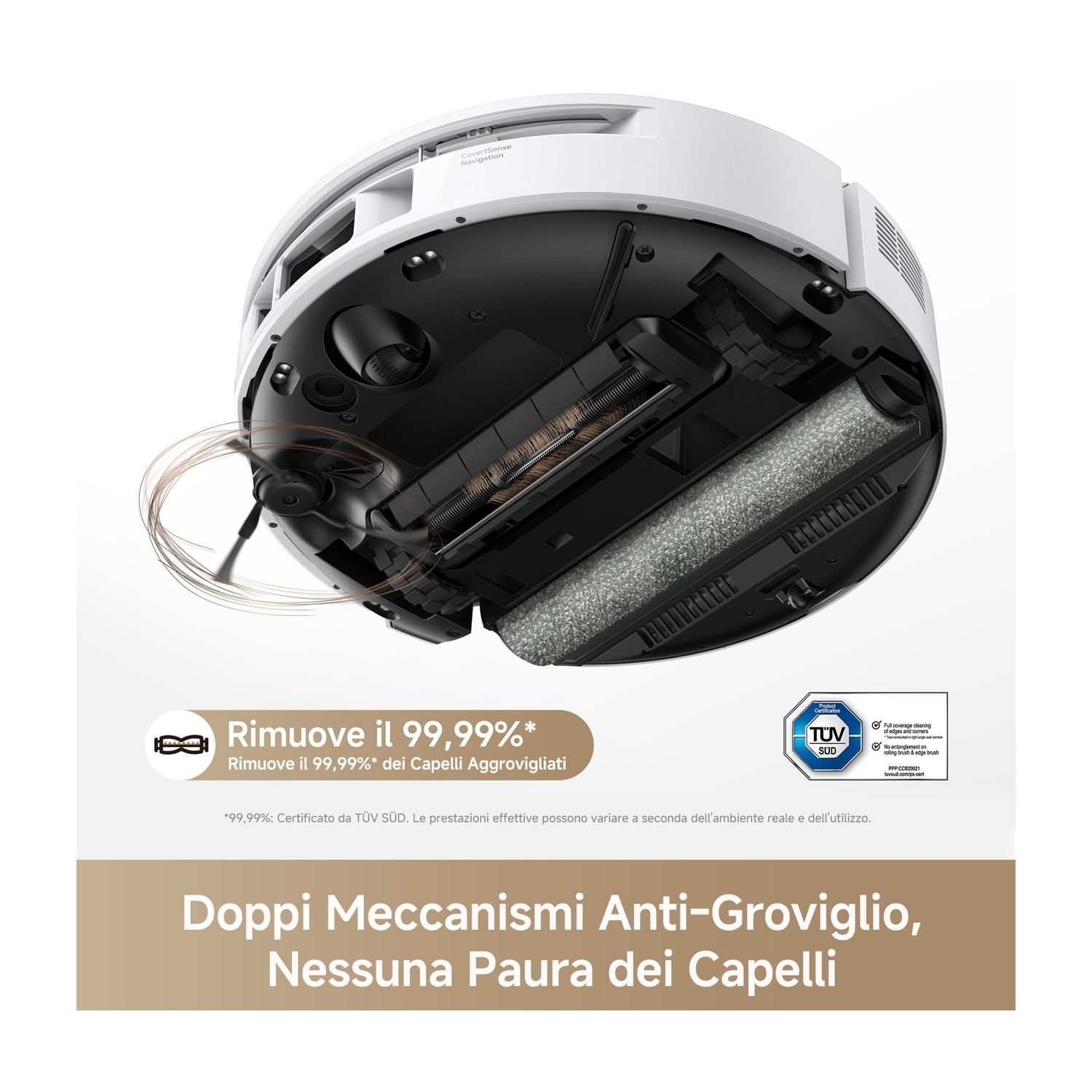 Parte inferiore di un robot aspirapolvere bianco con spazzole e rullo, vista dettagliata.