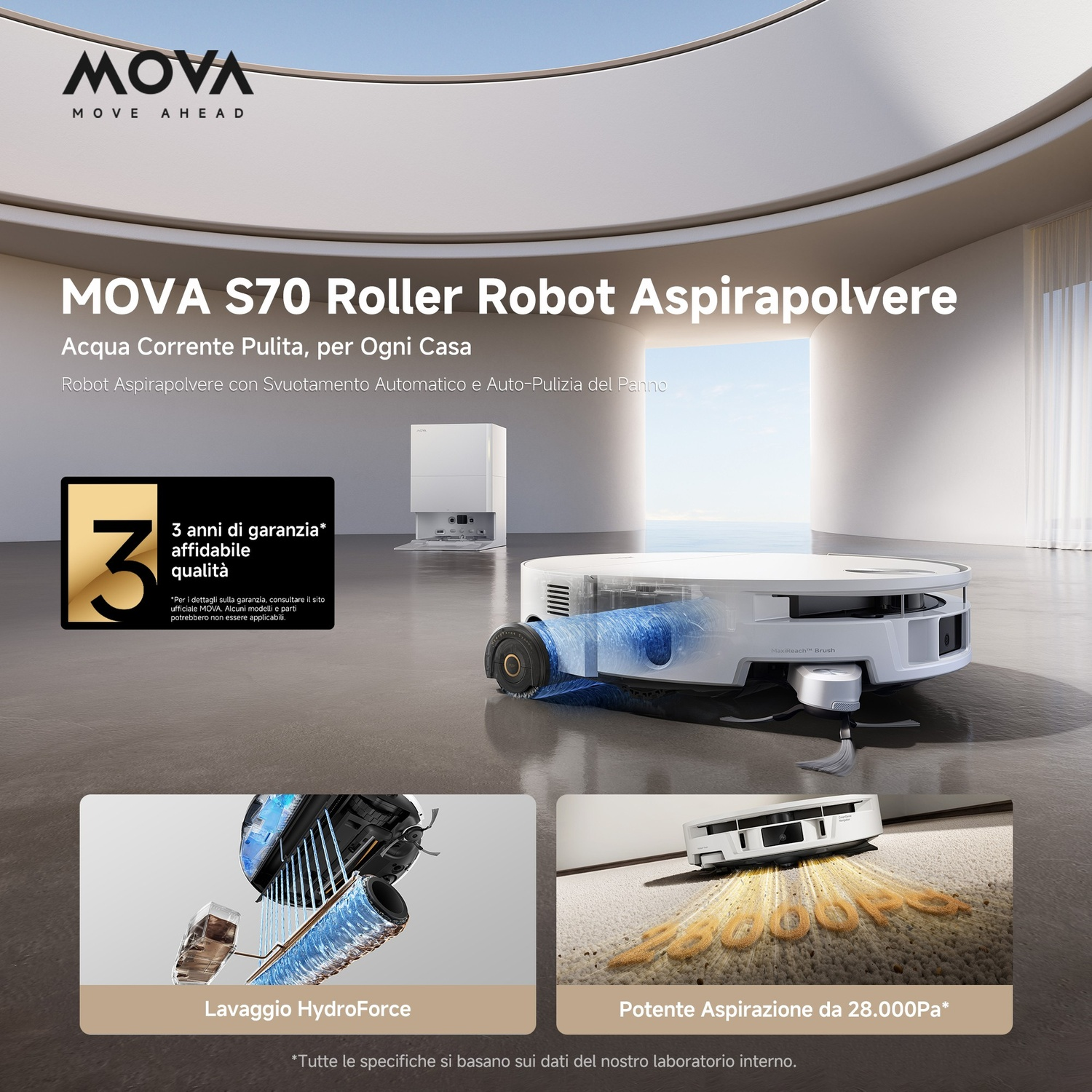 Robot aspirapolvere MOVA S70 con lavaggio HydroForce e 28.000Pa.