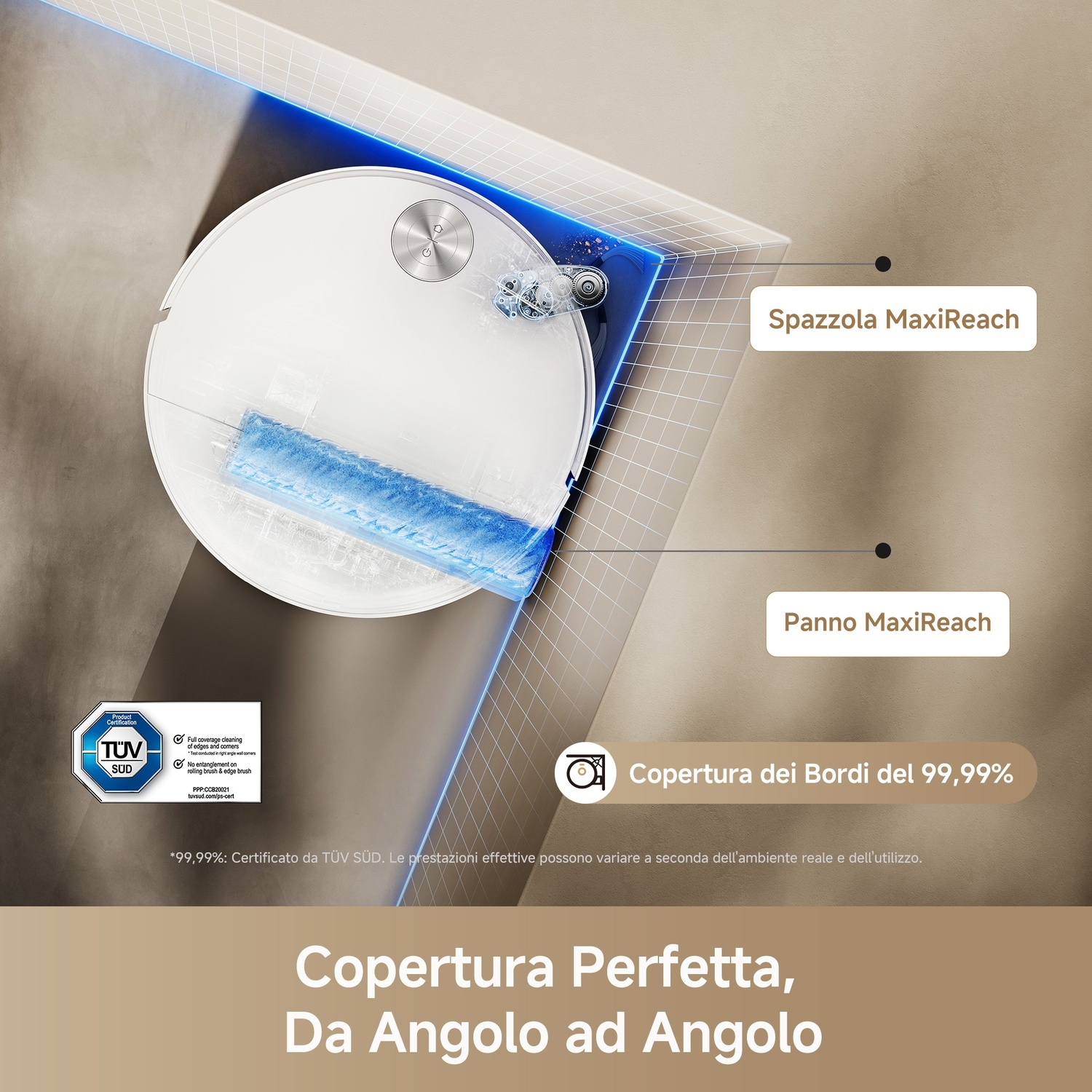 Un robot aspirapolvere bianco con spazzola blu pulisce vicino a un muro. Etichettato "Spazzola MaxiReach" e "Panno MaxiReach".