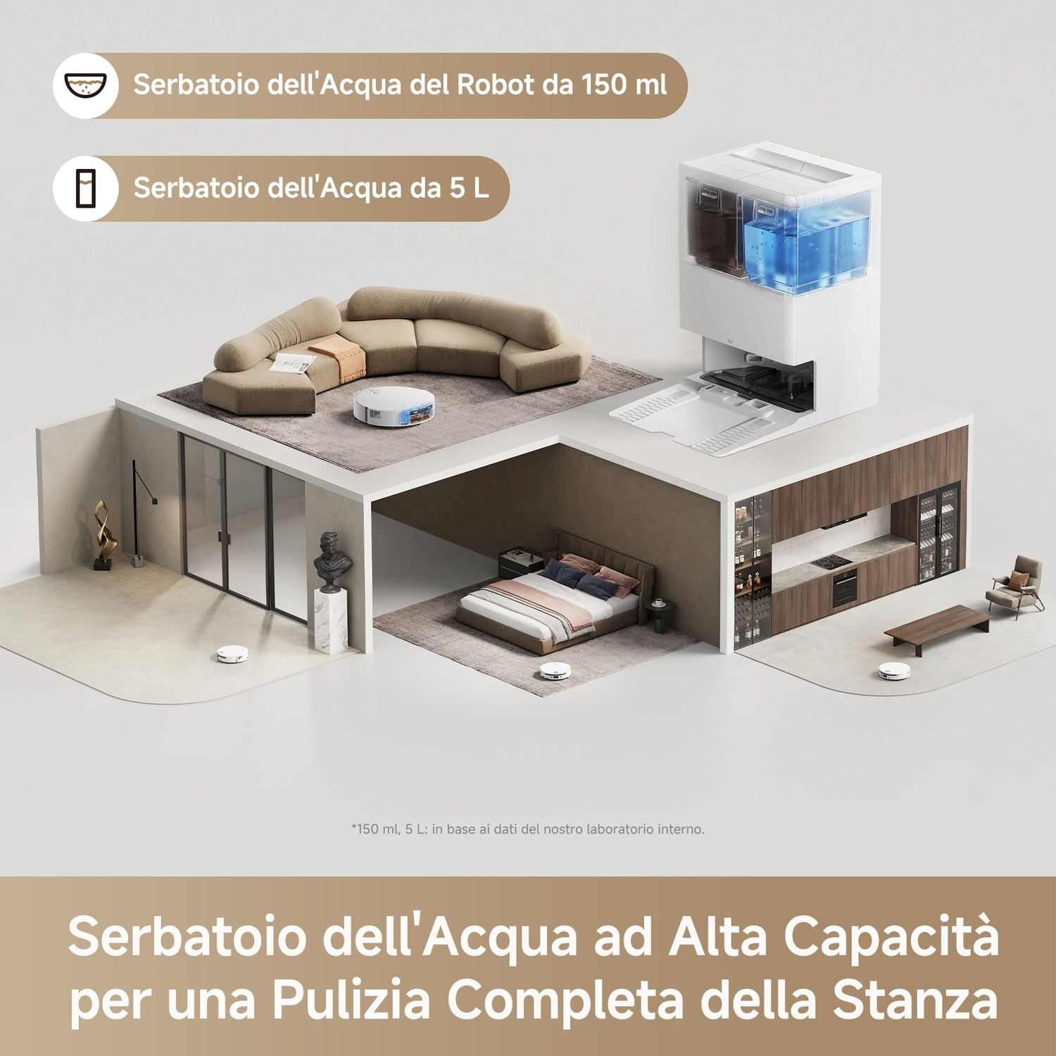 Un robot aspirapolvere con stazione di ricarica in una presentazione di appartamento.