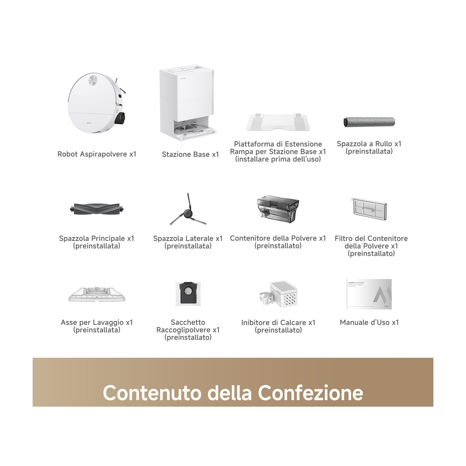 Contenuto della confezione: robot aspirapolvere, base di ricarica, accessori.
