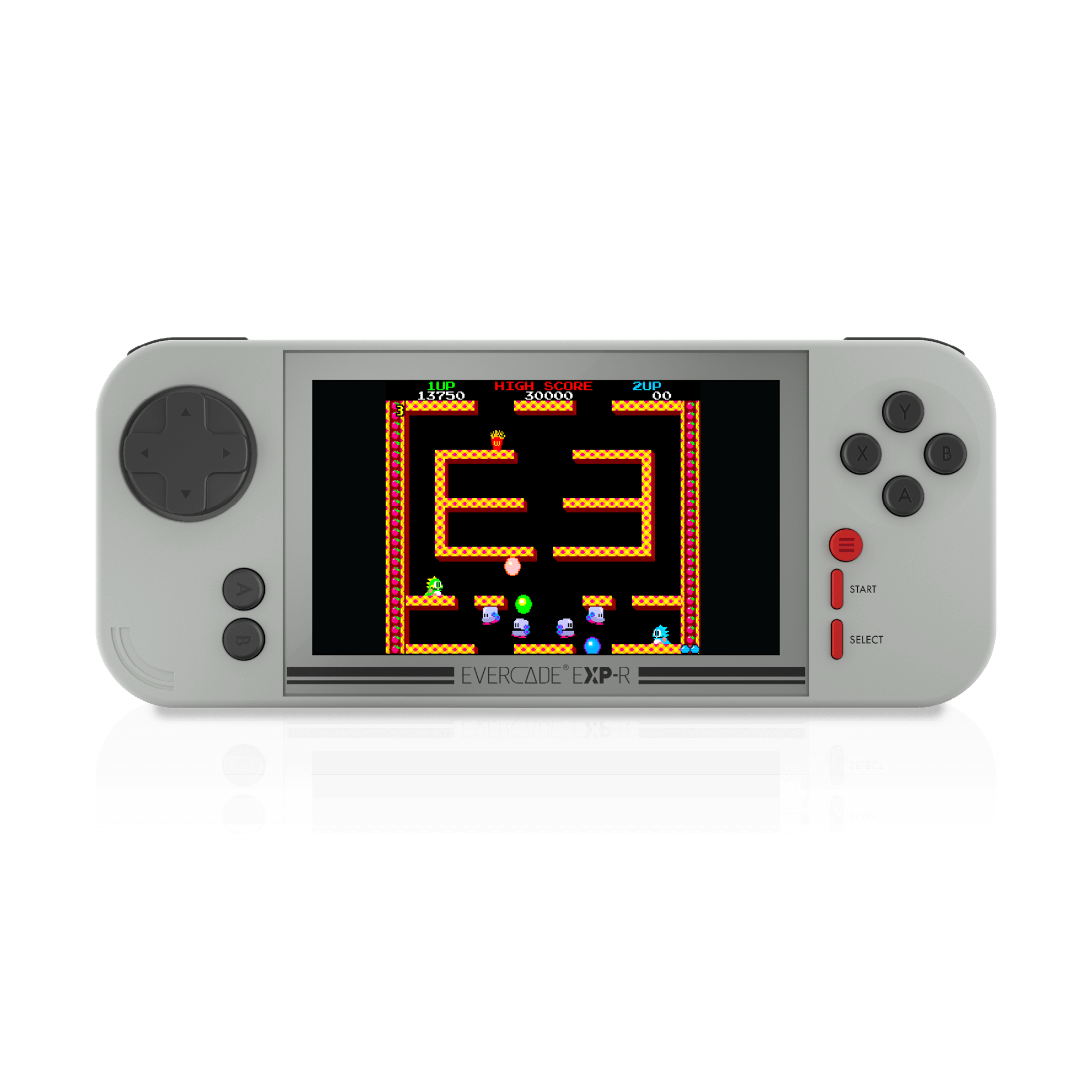 Ein graues Handheld-Gerät mit einem Spielbildschirm, der ein Arcade-Spiel zeigt.