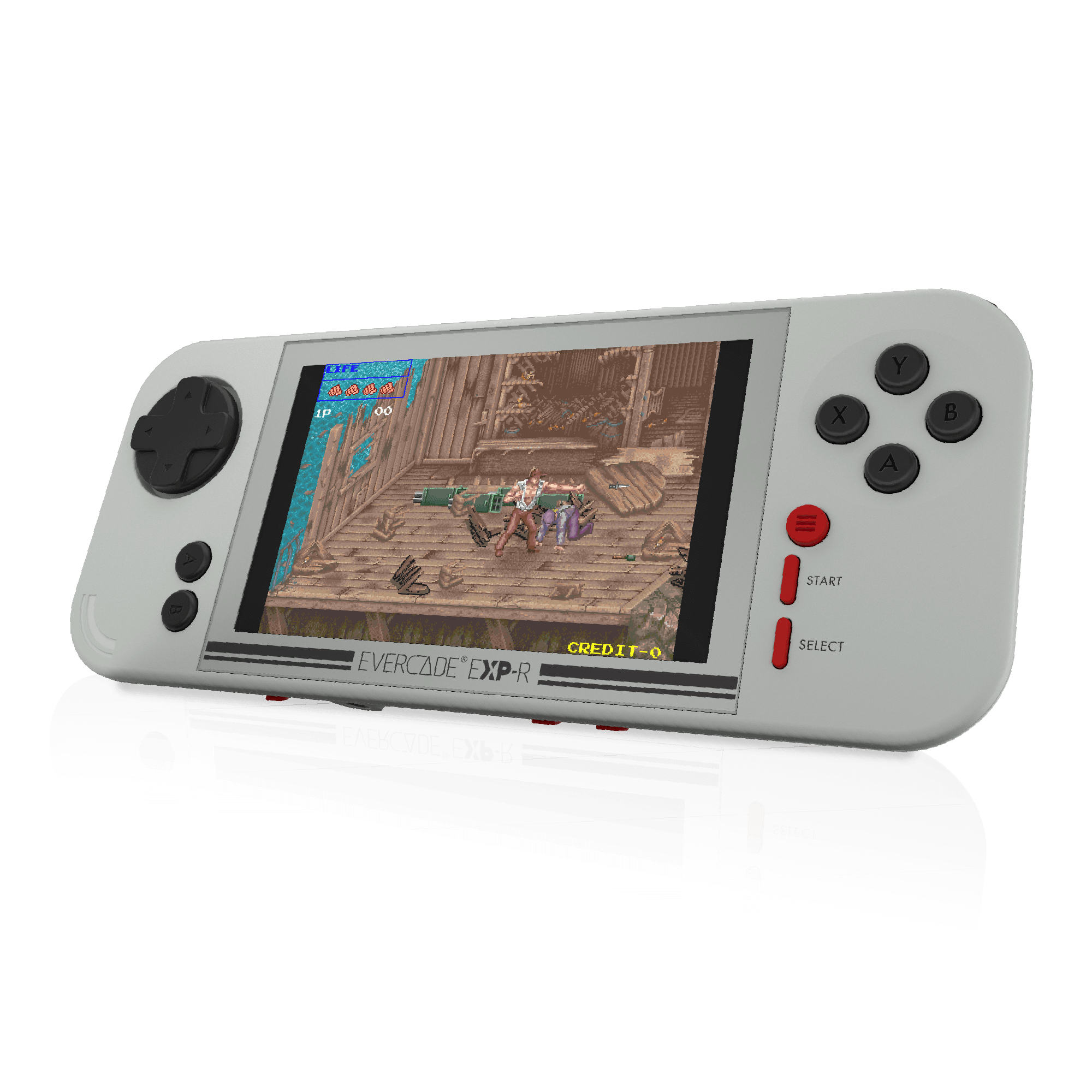 Ein graues Handheld-Spielgerät mit einem Retro-Spiel auf dem Bildschirm.