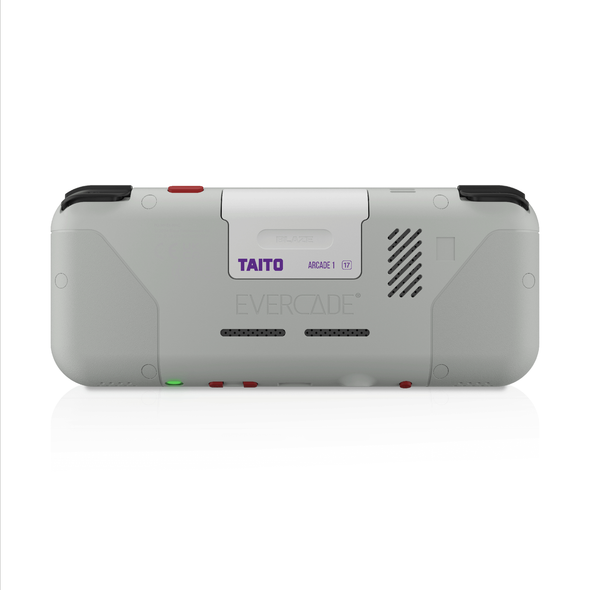 Graues Handheld-Gerät mit schwarzen Griffen, roten Knöpfen und TAITO-Logo.