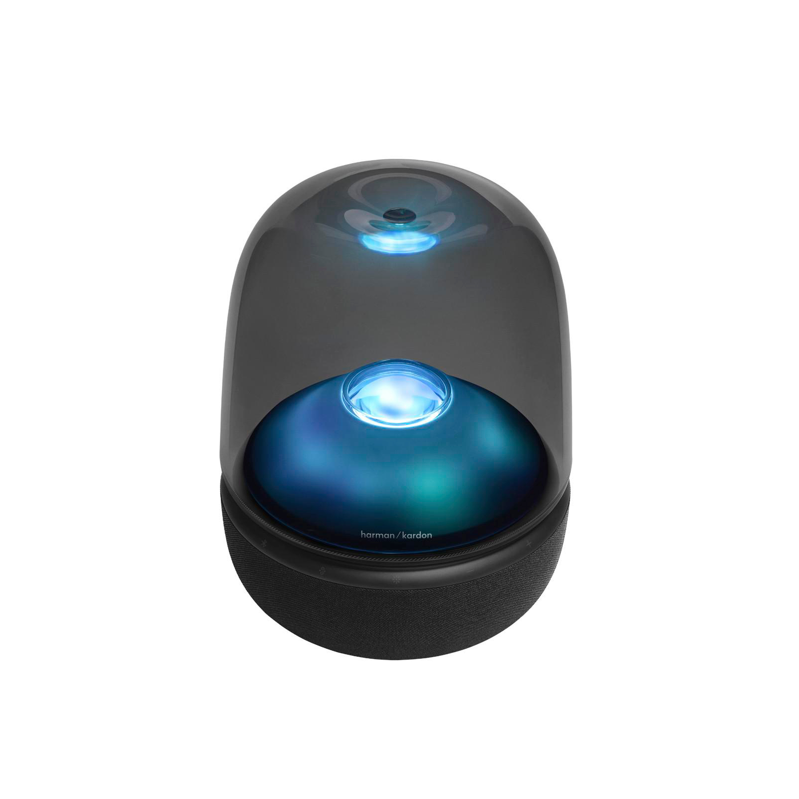 Ein grauer Harman Kardon Lautsprecher mit blauer Beleuchtung.