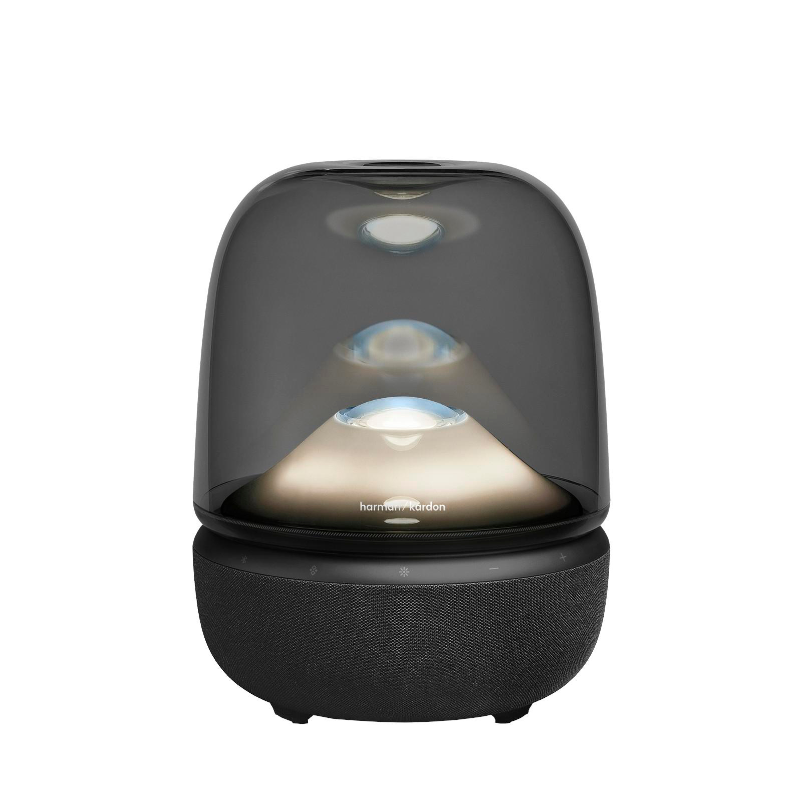 Ein schwarzer Harman Kardon Lautsprecher mit transparenter Kuppel und Lichtern.