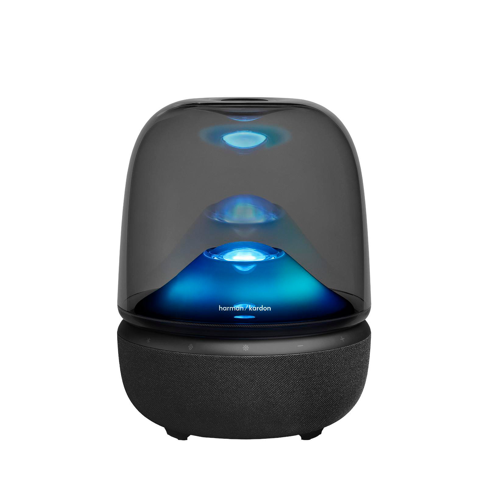 Ein runder, schwarzer Harman Kardon Lautsprecher mit durchsichtiger Haube und blauen Lichtern.