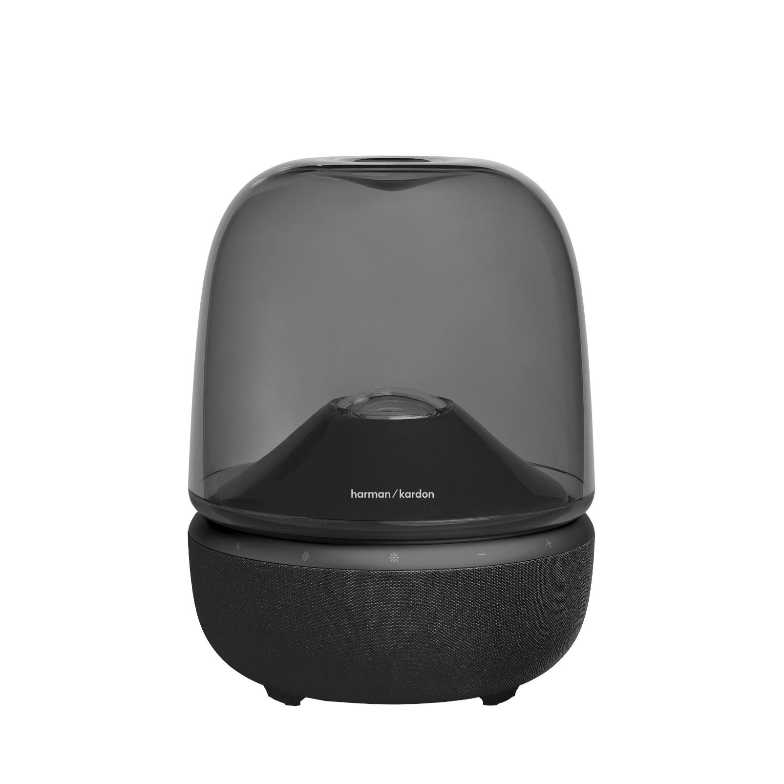 Schwarzer Harman Kardon Lautsprecher mit transparentem Oberteil und beleuchtetem Kegel.