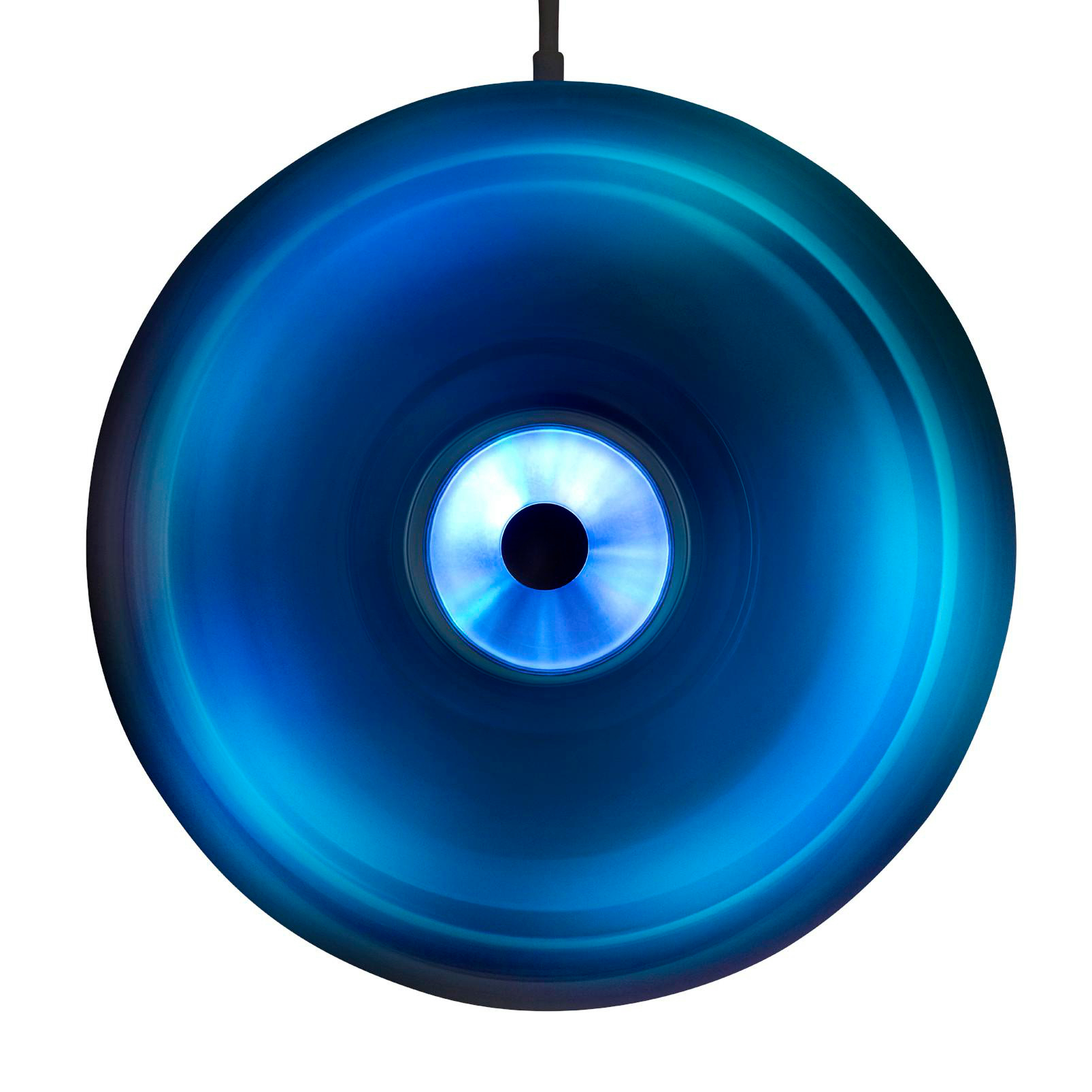 Eine blaue, kreisförmige Lampe mit einem zentralen, beleuchteten Bereich.