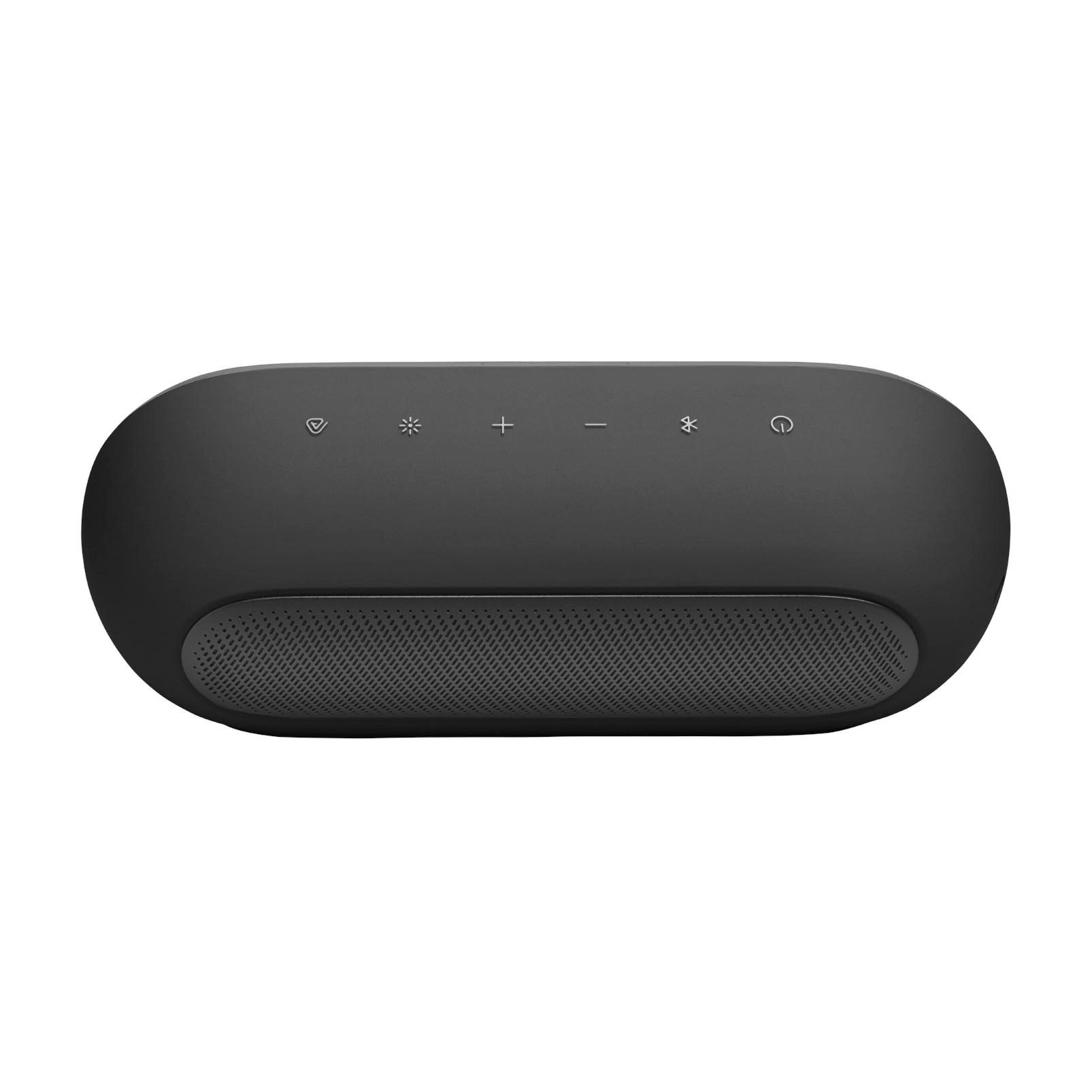 Schwarzer ovaler Lautsprecher mit Bedienelementen: Lauter, leiser, Play, Pause, Bluetooth, Power.