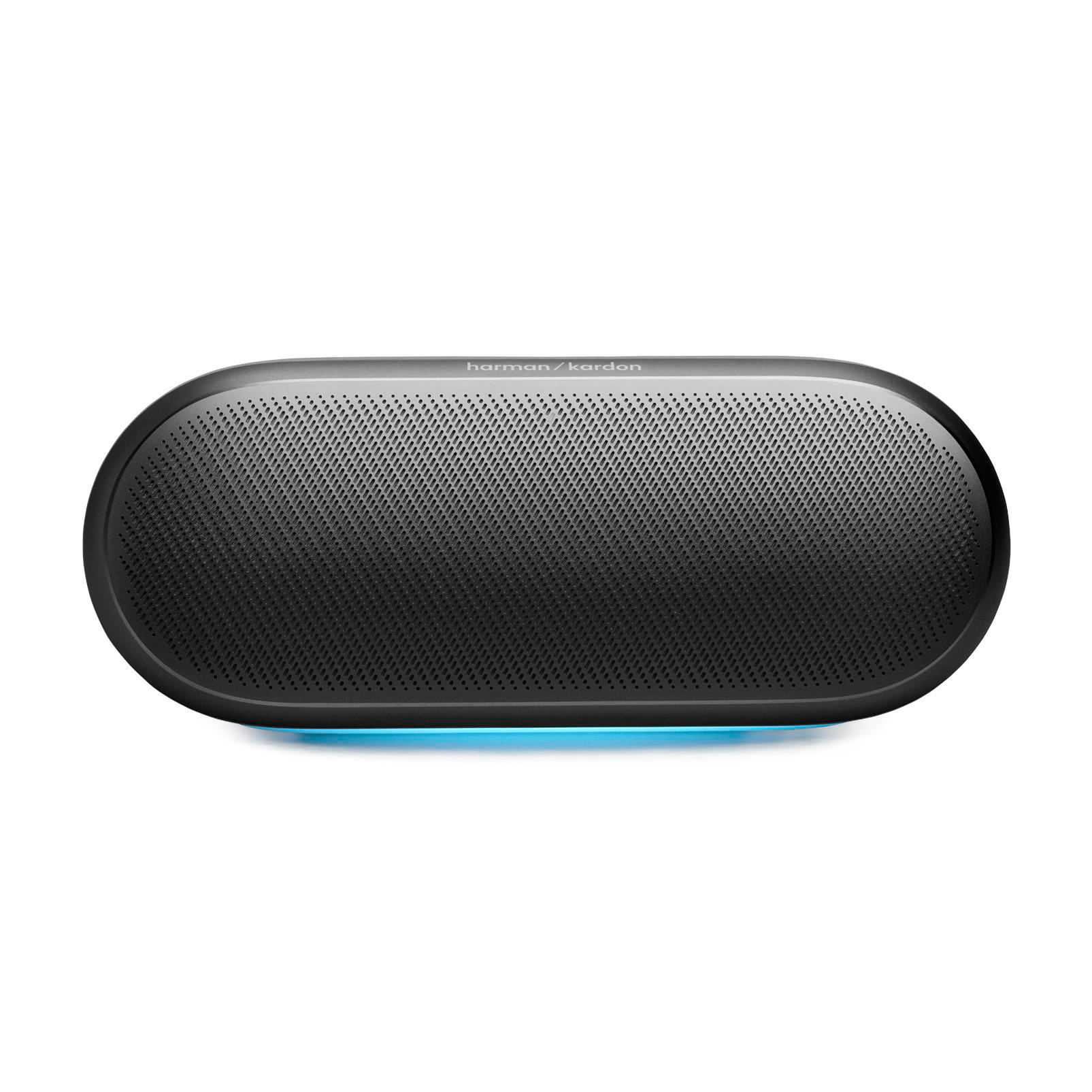 Schwarzer Harman Kardon Lautsprecher mit blauer LED-Beleuchtung.