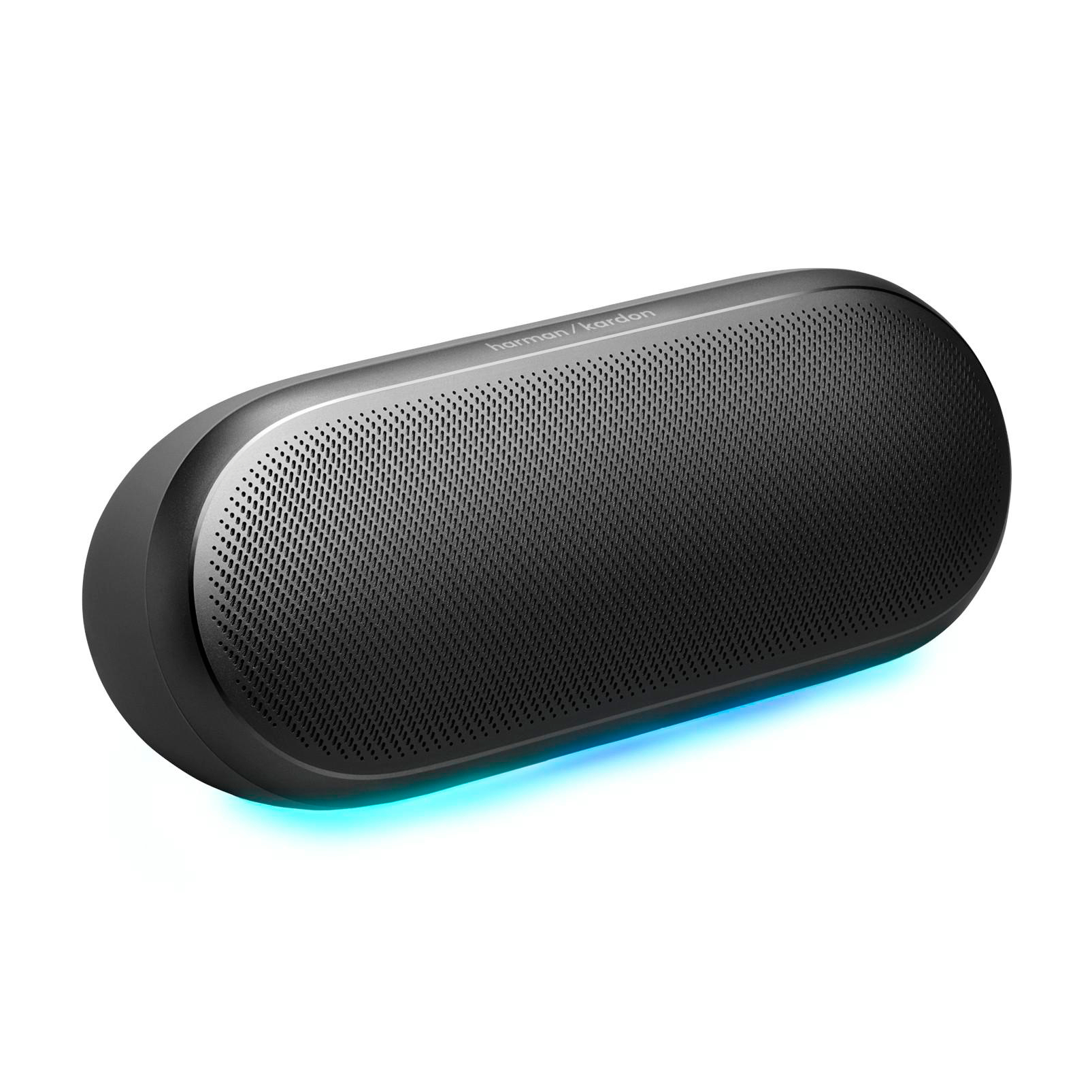 Schwarzer ovaler Lautsprecher mit Harman Kardon Logo und blauem Licht.