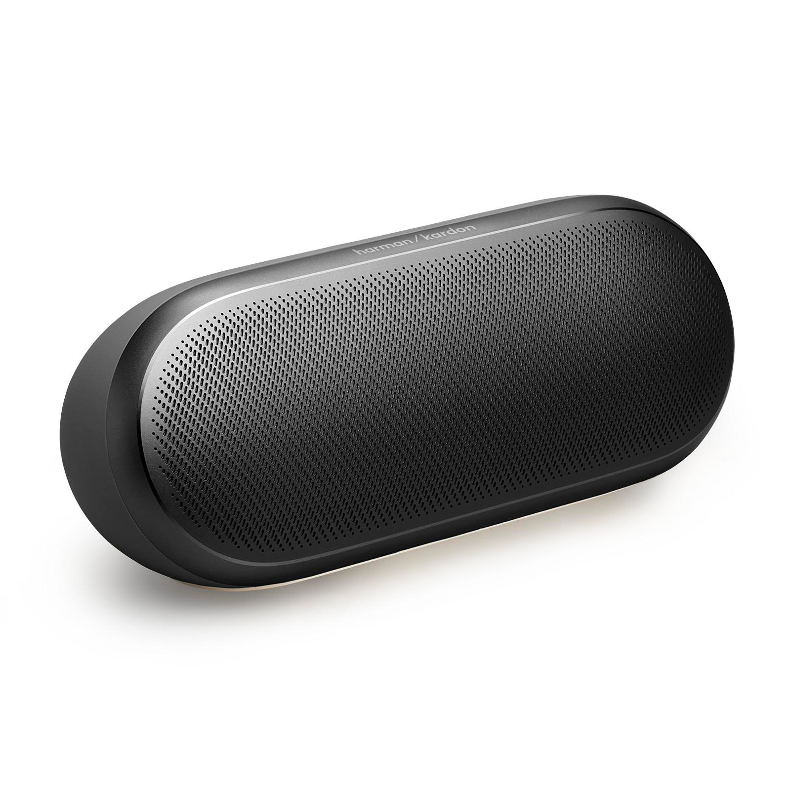 Ein schwarzer Harman Kardon Bluetooth-Lautsprecher mit Perforationen und silbernem Logo.