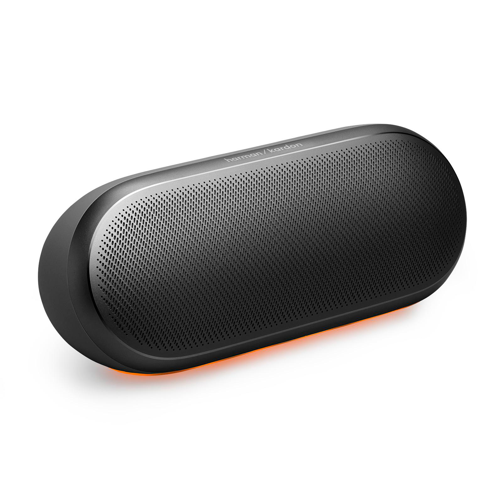 Schwarzer ovaler Harman Kardon Lautsprecher mit orangefarbener Beleuchtung am unteren Rand.