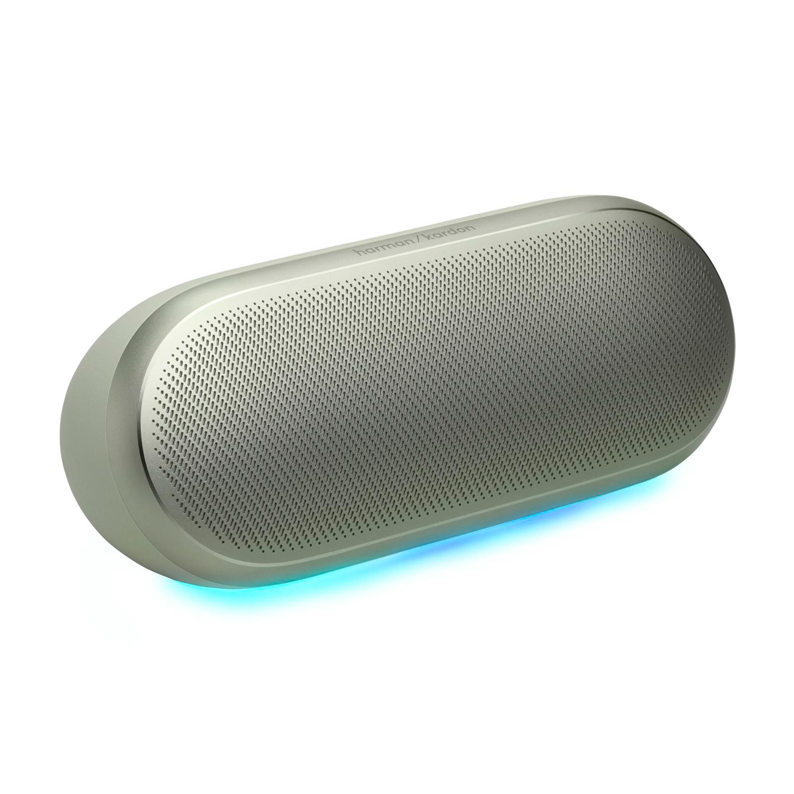 Silberner Harman Kardon Lautsprecher mit blauer LED-Beleuchtung am unteren Rand.