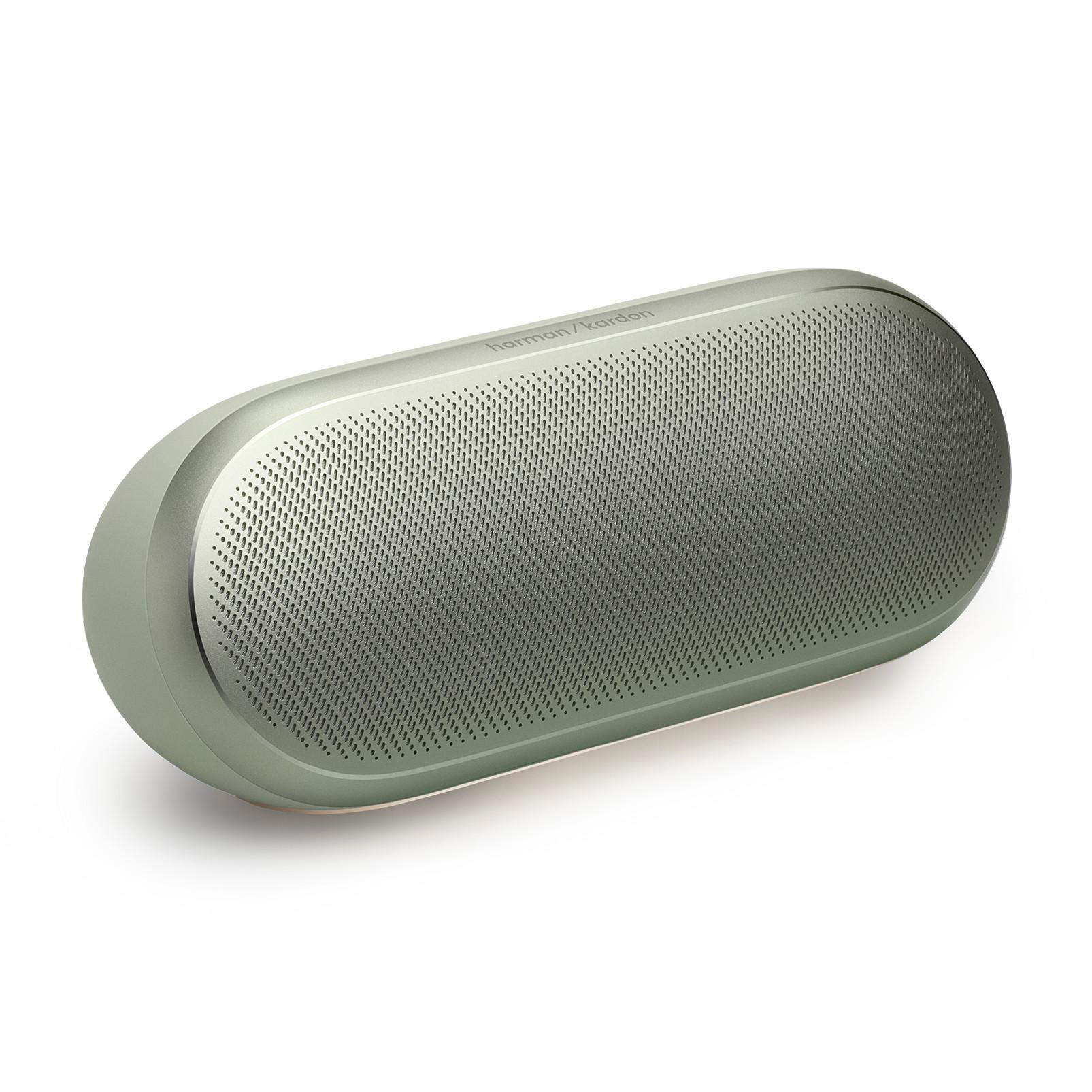 Ein ovaler, grüner Harman Kardon Lautsprecher mit perforierter Vorderseite.