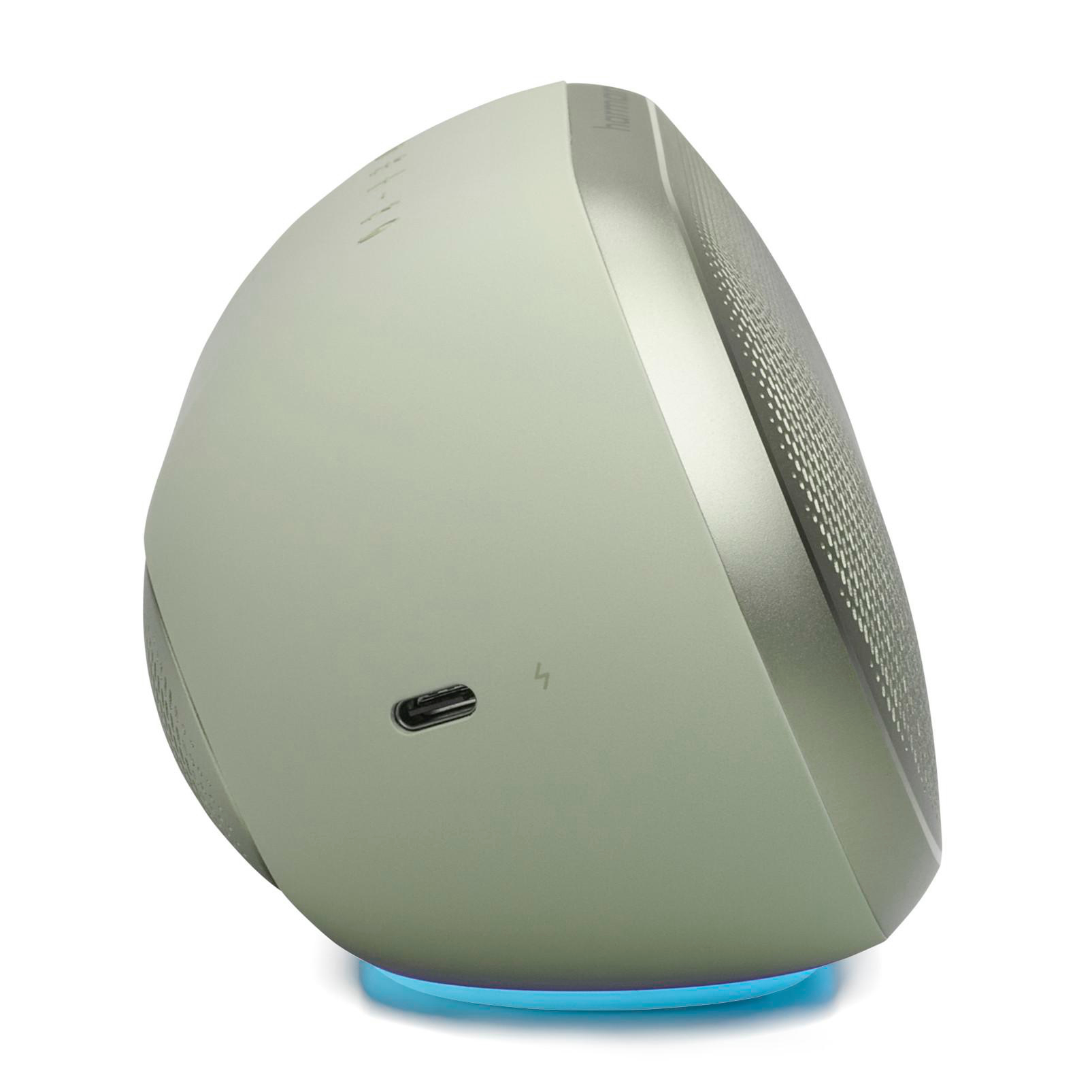Grauer Lautsprecher mit USB-C-Anschluss und blauer LED-Basis.
