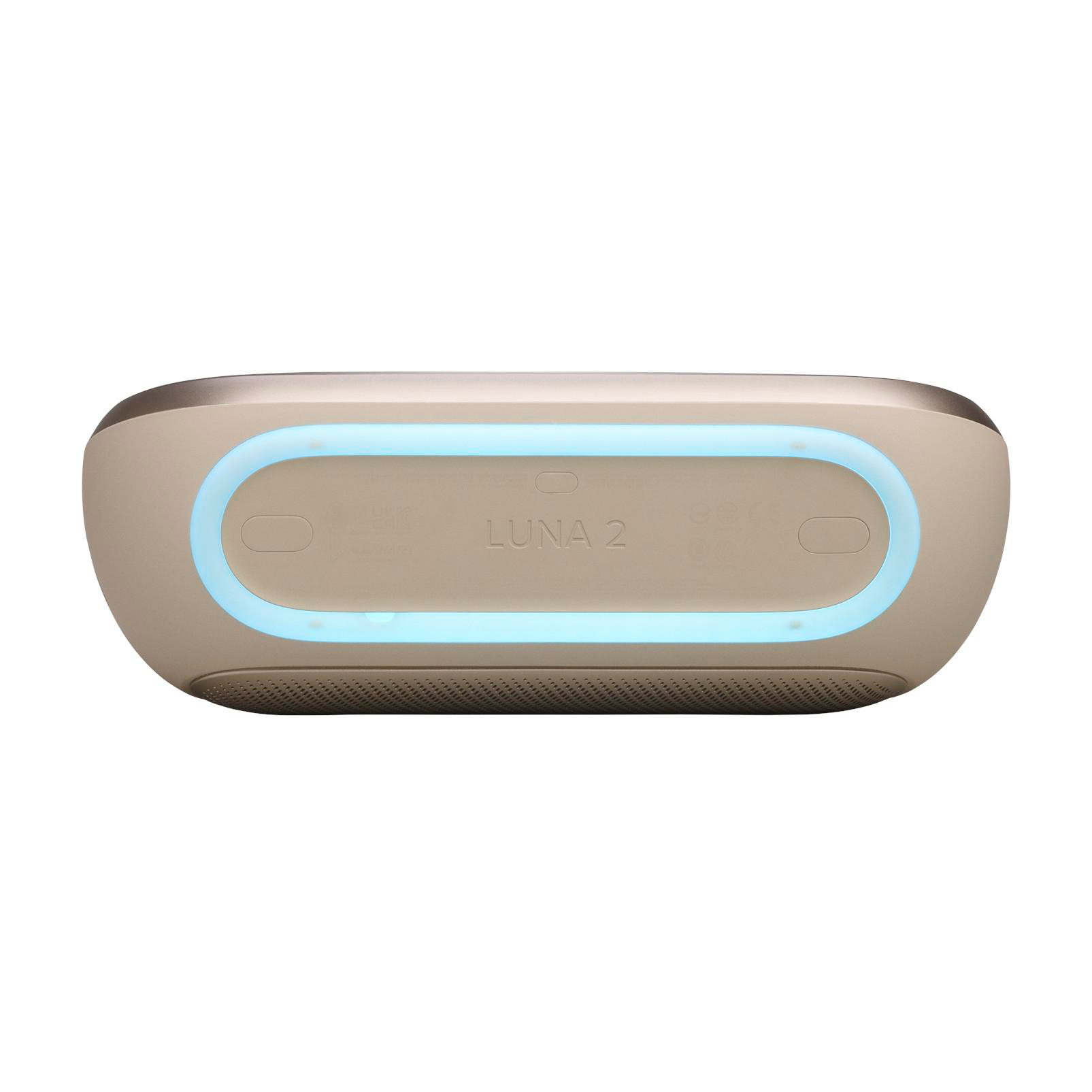 Ein beigefarbener Lautsprecher mit einem blauen LED-Ring. Beschriftung LUNA 2.