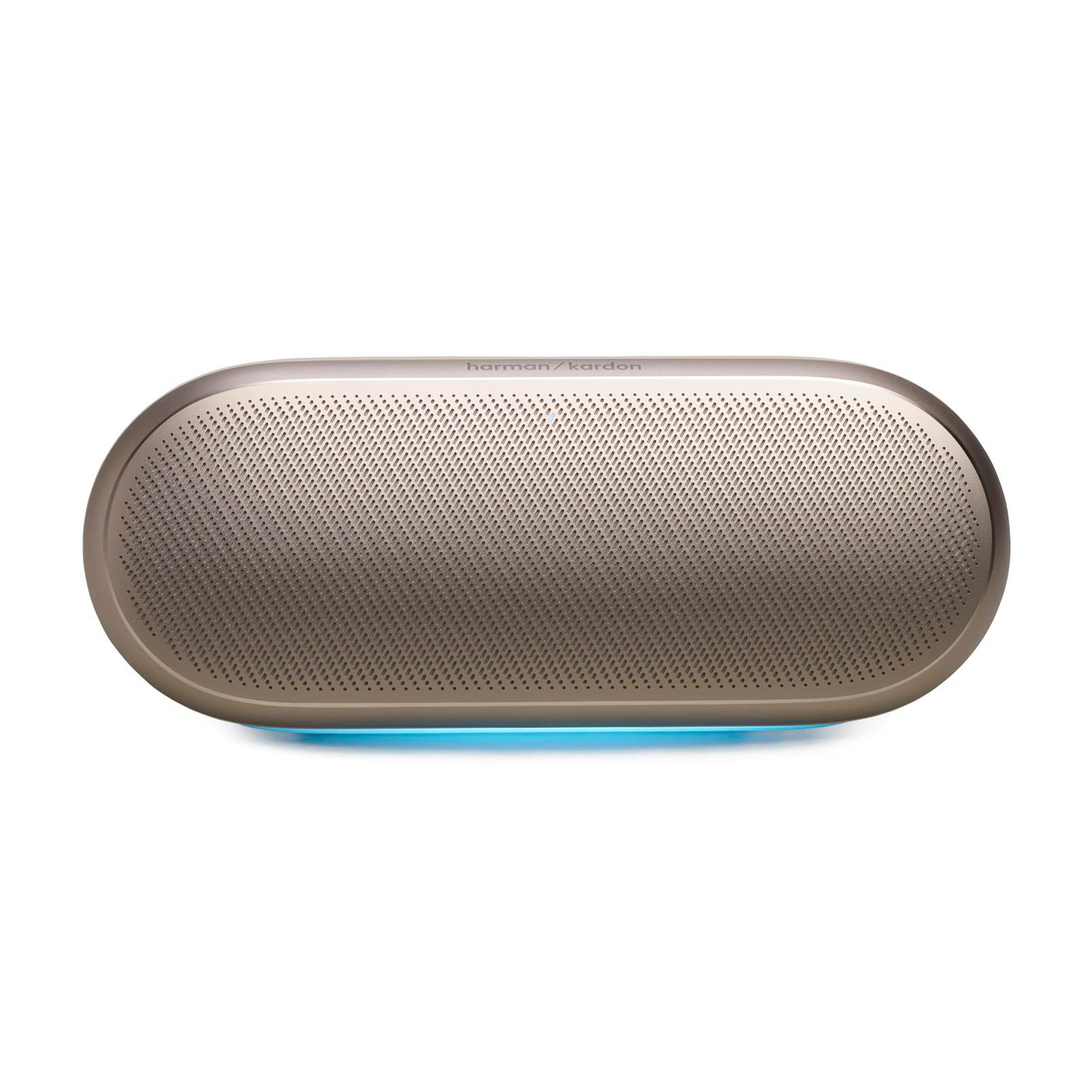 Ein goldener Harman Kardon Lautsprecher mit blauer LED-Beleuchtung.