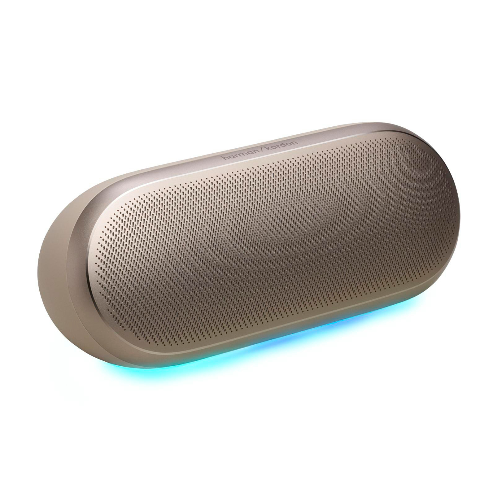 Ein goldener Harman Kardon Lautsprecher mit blauer LED-Beleuchtung auf weißem Hintergrund.