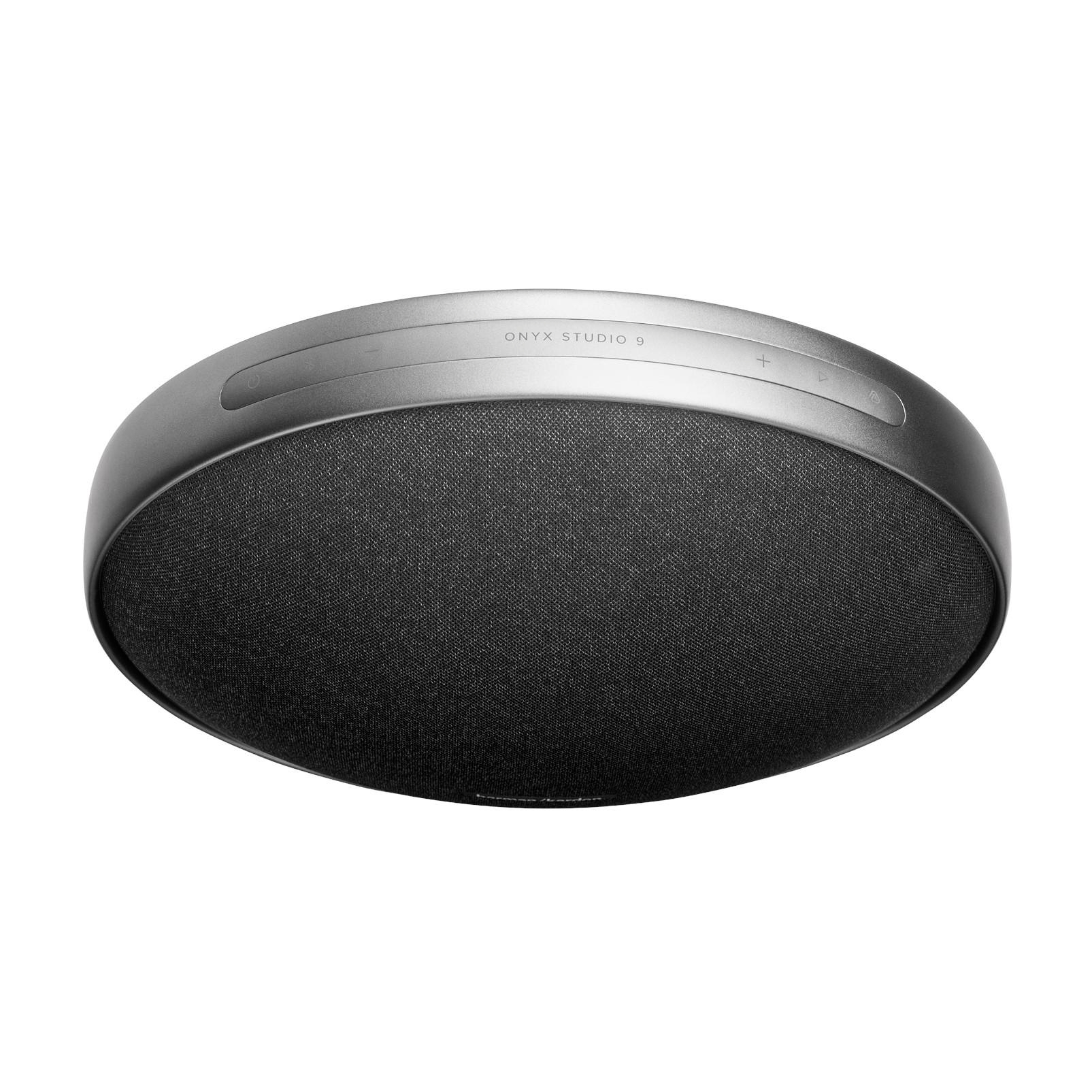 Grauer Onyx Studio 9 Lautsprecher mit schwarzem Stoffgitter und Bedienelementen.