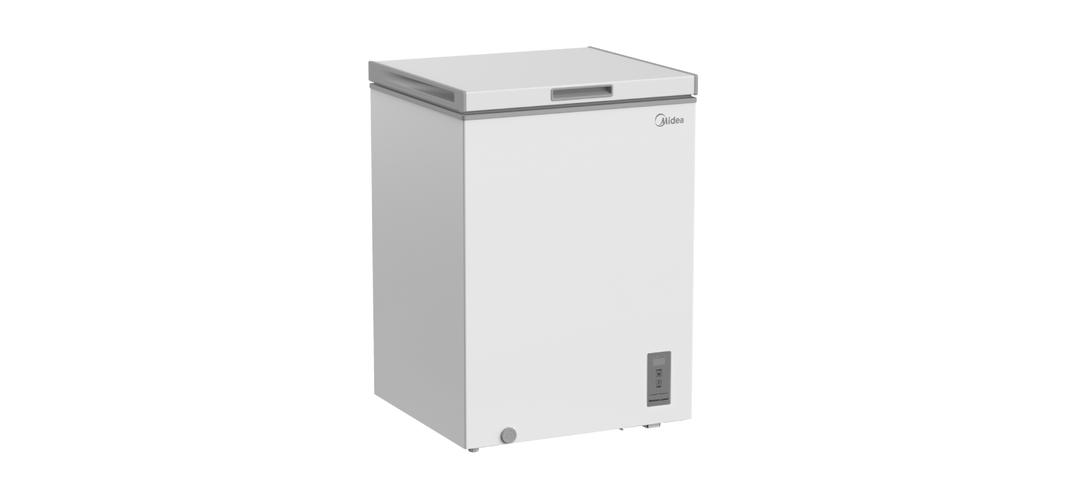 Un congelador horizontal Midea blanco con pantalla digital y asa superior.