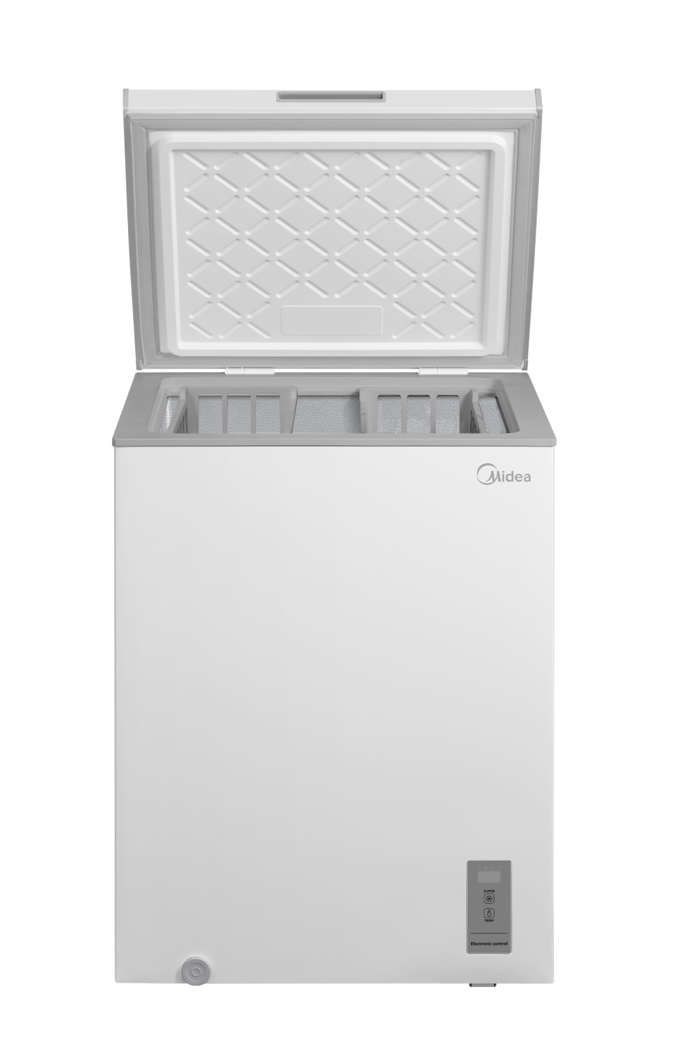 Un congelador horizontal blanco abierto con logo Midea y panel de control.