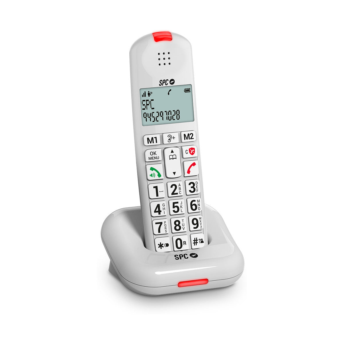 Un teléfono inalámbrico blanco con pantalla grande y botones está en su base de carga.