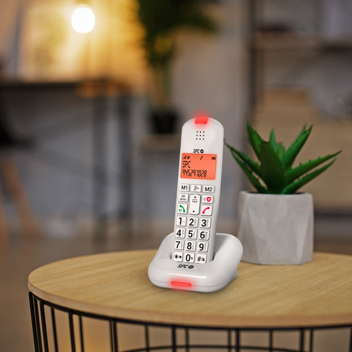 Un teléfono inalámbrico blanco con pantalla sobre una mesita junto a una planta.