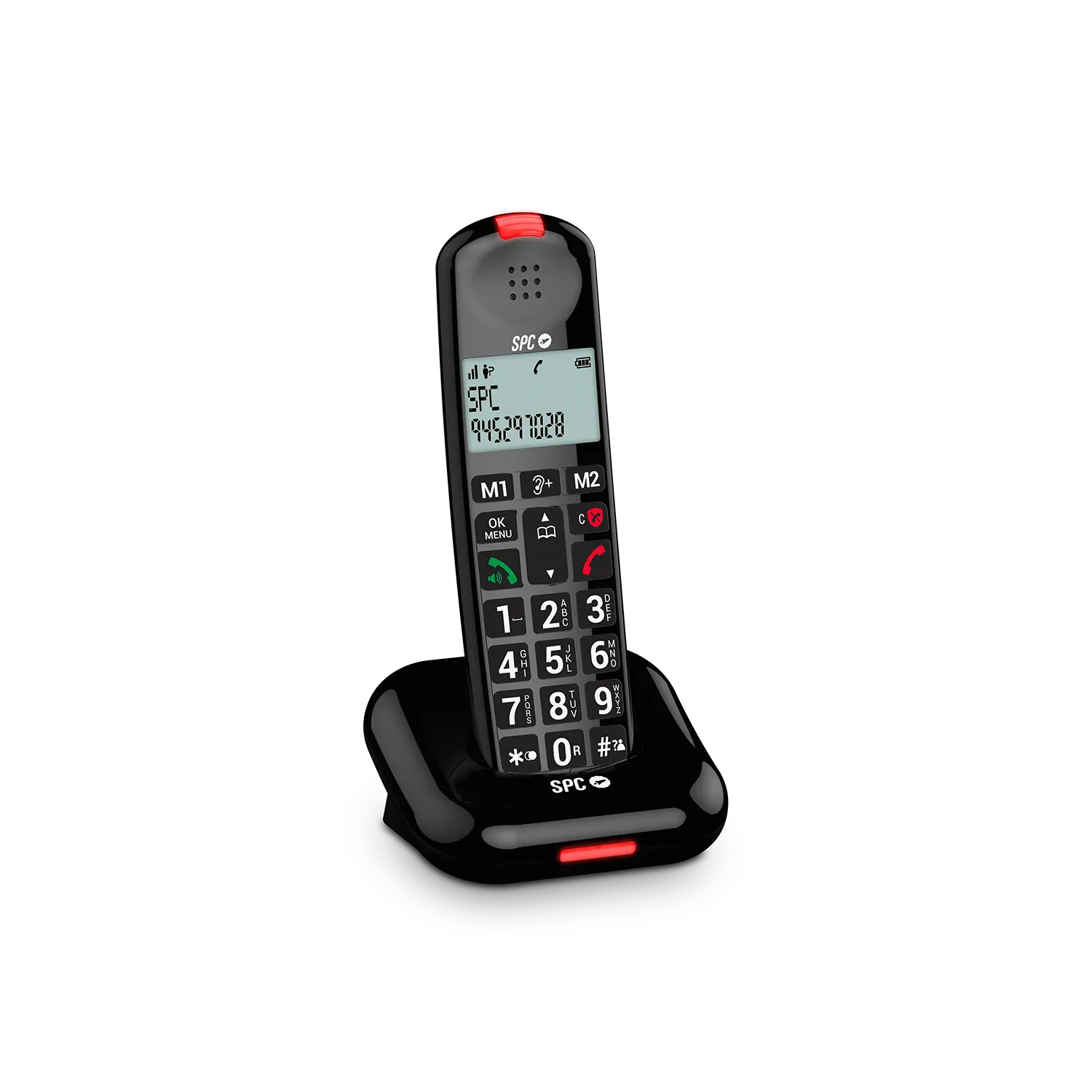 Un teléfono inalámbrico negro con botones grandes descansa sobre una base de carga.