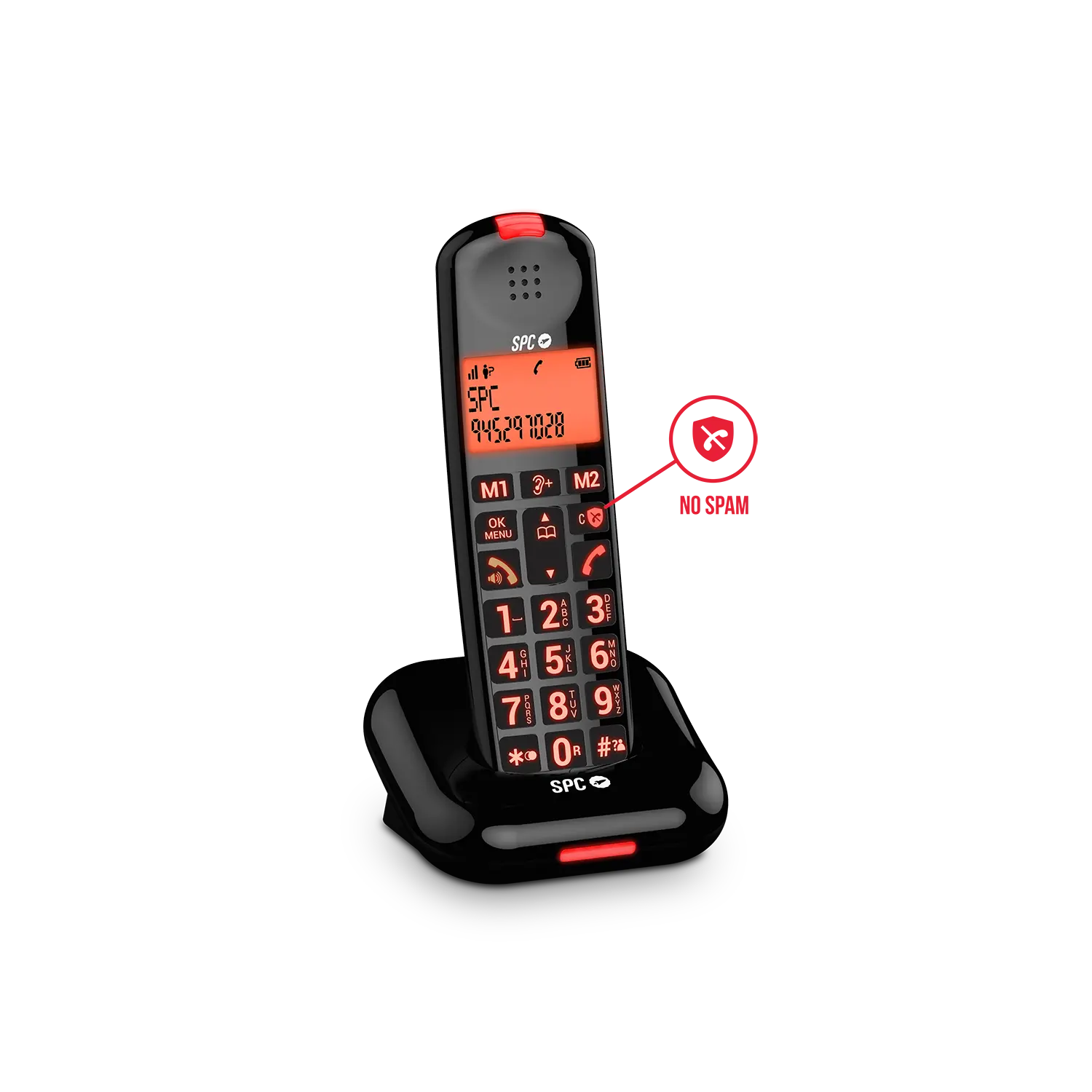 Teléfono inalámbrico negro con pantalla y botones rojos, en base de carga.