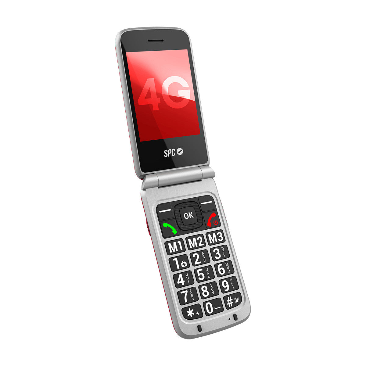 Un teléfono plegable plateado abierto con acentos rojos y pantalla 4G.
