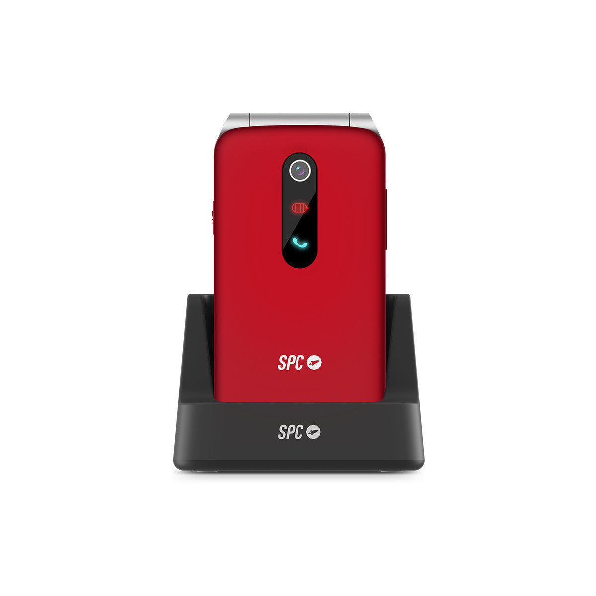 Teléfono plegable rojo en base de carga, con cámara, nivel de batería e icono.