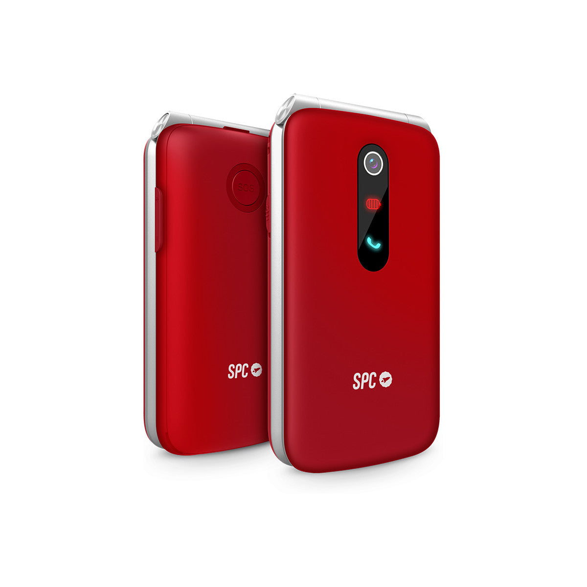 Dos teléfonos plegables SPC rojos uno al lado del otro.