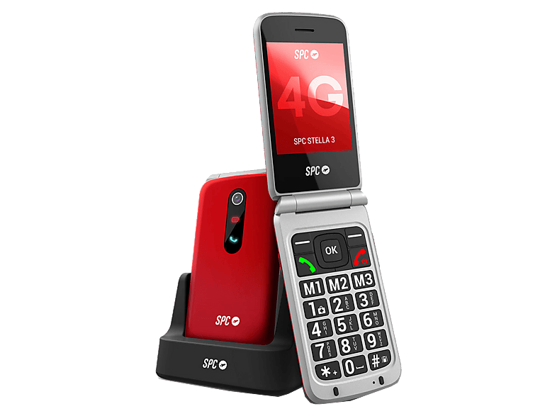 Móvil - SPC Stella 3, 4G, Para mayores, Teclas grandes, Botón SOS, Compatible audífonos, Volumen 103dB, Radio FM, Linterna, Base de carga, Rojo