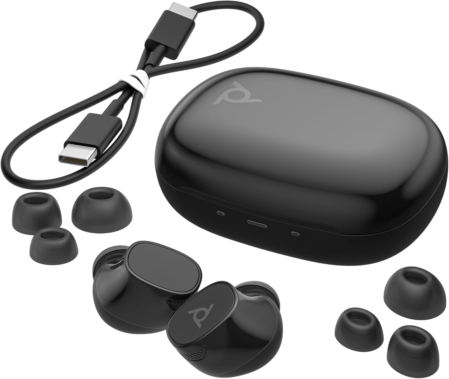 Auriculares inalámbricos negros, estuche de carga y cable USB-C sobre fondo blanco.