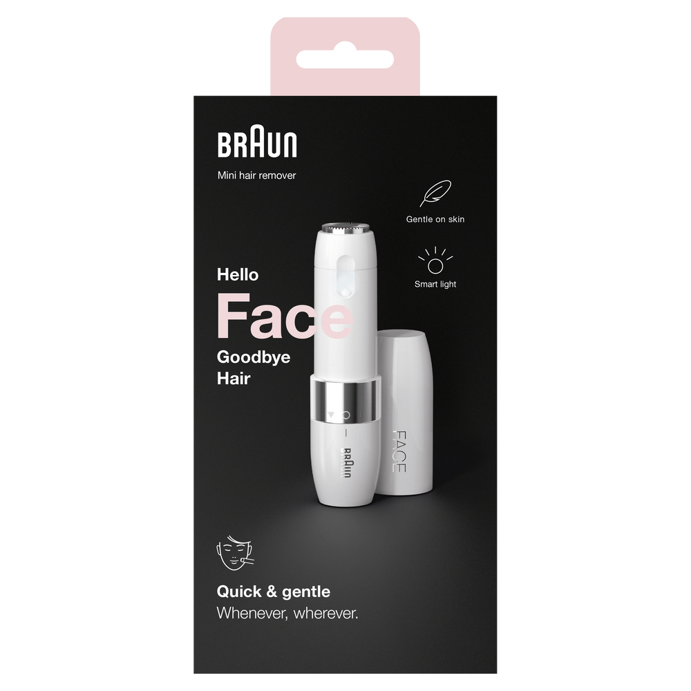 Embalaje de un mini depilador facial Braun, blanco con detalles plateados.