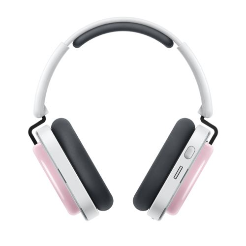 Auriculares blancos y grises con acentos rosas en las almohadillas.
