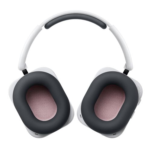 Auriculares blancos con almohadillas grises y tela rosa dentro.