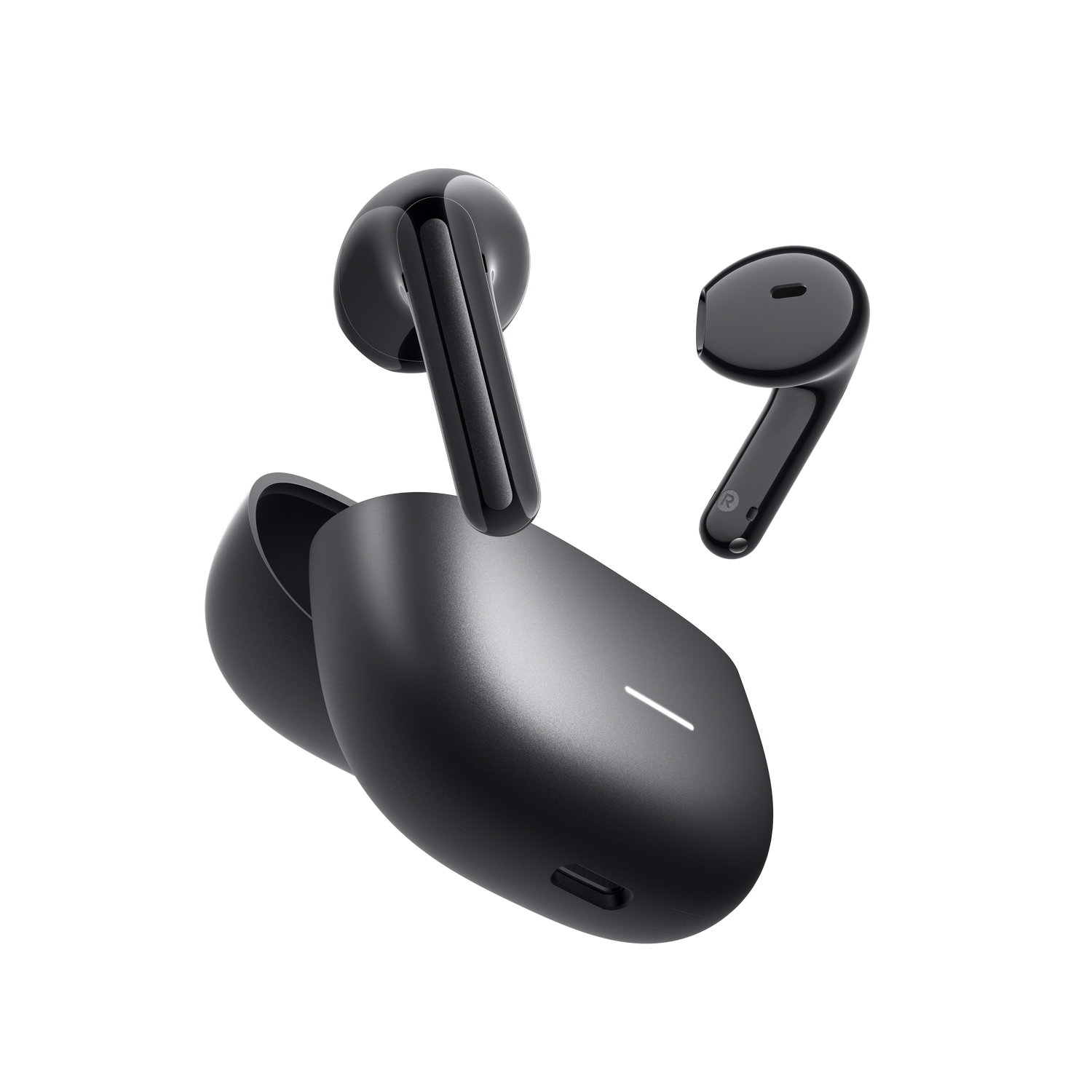 Auriculares inalámbricos negros con estuche de carga, sobre fondo gris.