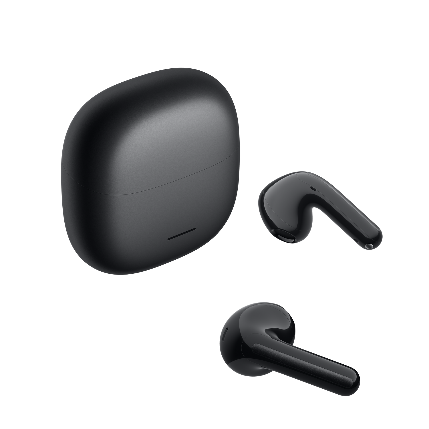Auriculares inalámbricos negros y estuche de carga sobre fondo gris.
