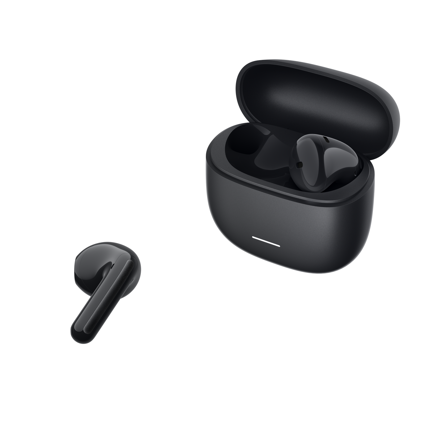 Auriculares inalámbricos negros, uno al lado del estuche de carga abierto.