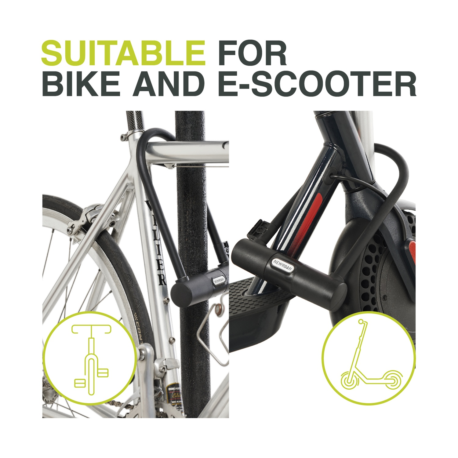 Un lucchetto per bici e monopattino elettrico, con illustrazioni.