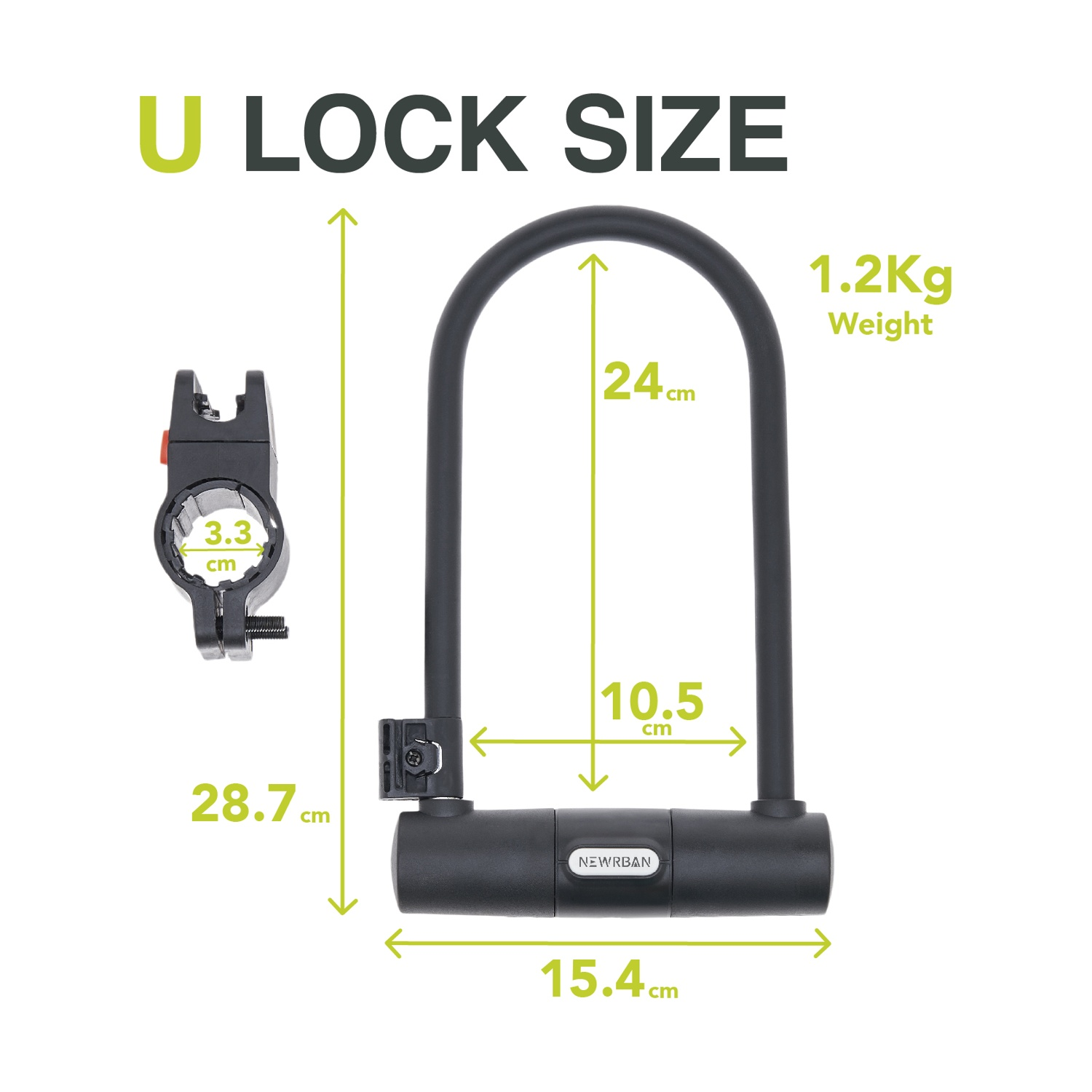 Lucchetto a U con dimensioni: altezza 24cm, larghezza 10.5cm, lunghezza 15.4cm. Peso 1.2kg.
