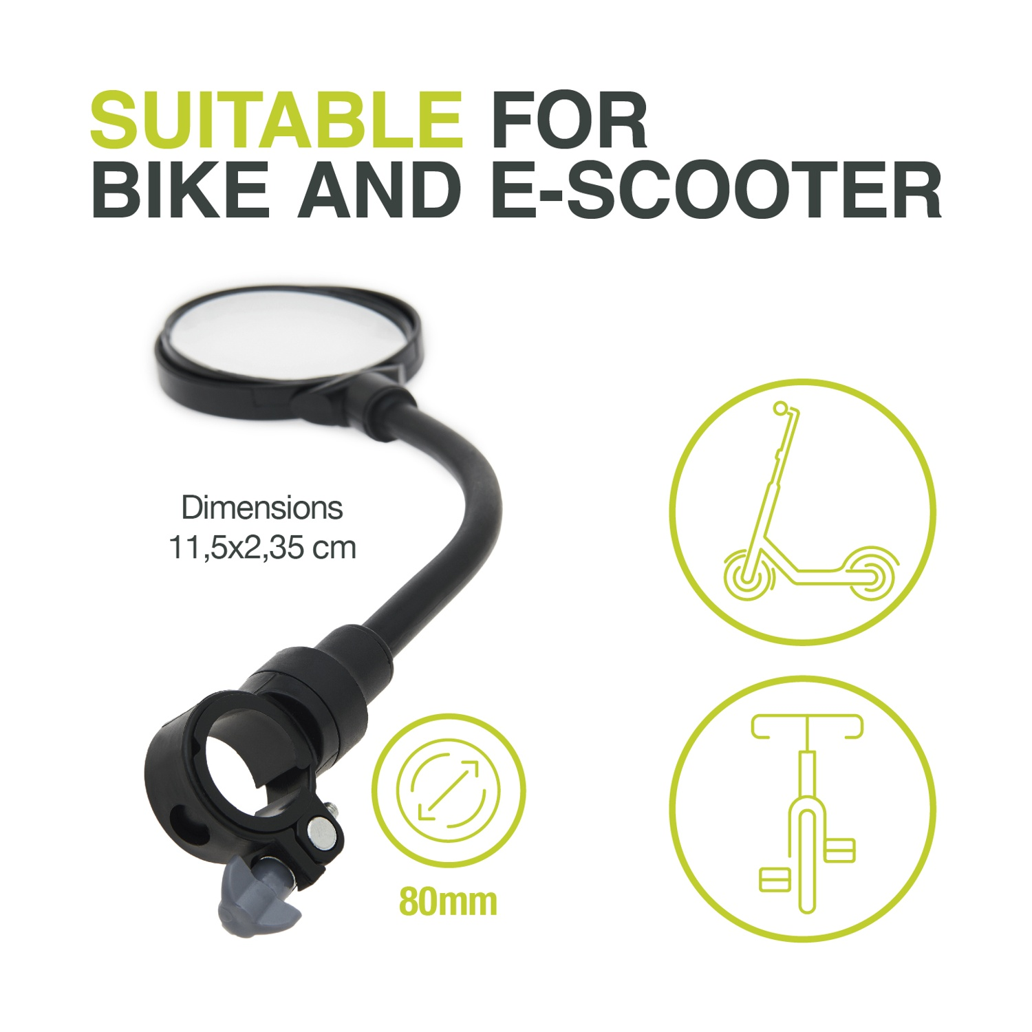 Specchio per bici e monopattino elettrico. Mostra attacco e dimensioni.